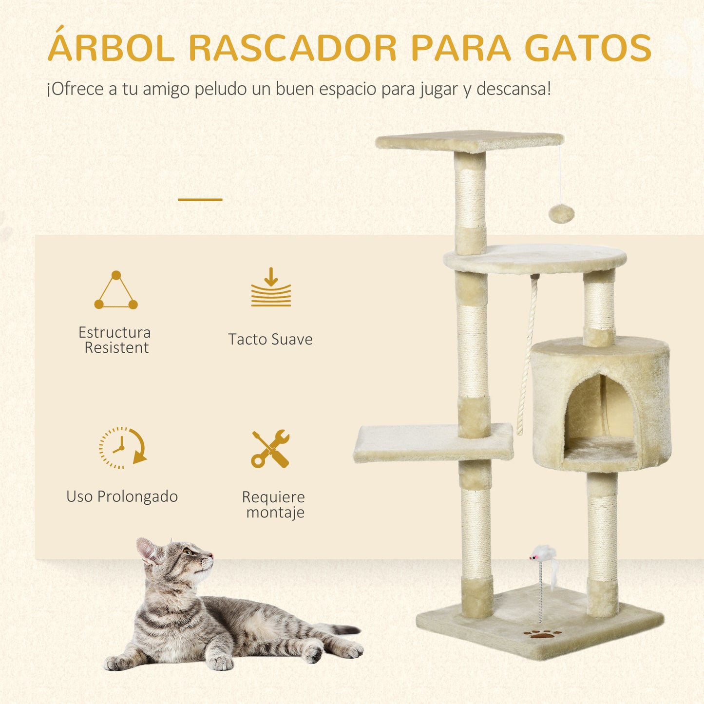 PawHut Árbol para Gatos Rascador 116 cm de 4 Pisos con Poste para Arañar Cueva Espaciosa Múltiples Plataformas Juguetes Divertidos 40x40x116 cm Beige