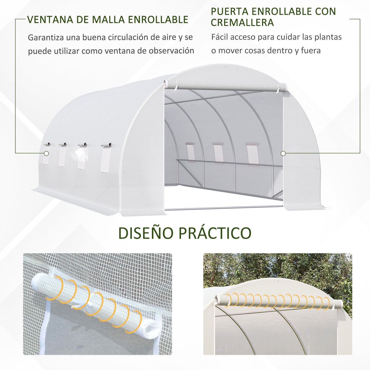 Outsunny Invernadero de Túnel 6x3x2 m Invernadero de Terraza con 8 Ventanas Cubierta de Polietileno 140 g/m² y Estructura de Acero para Cultivo Plantas Verduras en Jardín Blanco