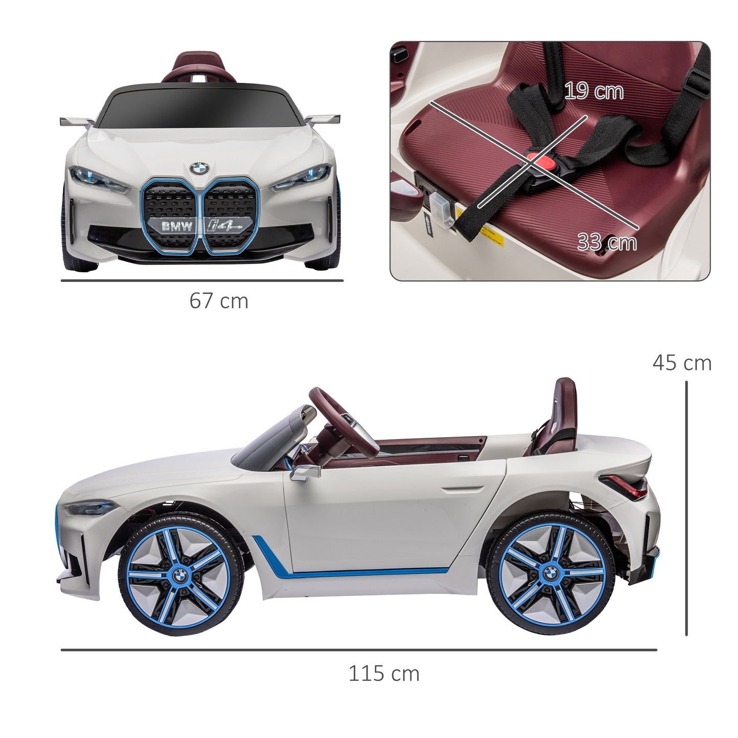 HOMCOM Coche Eléctrico para Niños 37-72 Meses Autorización BMW I4 Coche de Batería 12V con Control Remoto Música MP3 Pantalla Luces y Cinturón de Seguridad 115x67x45 cm Blanco