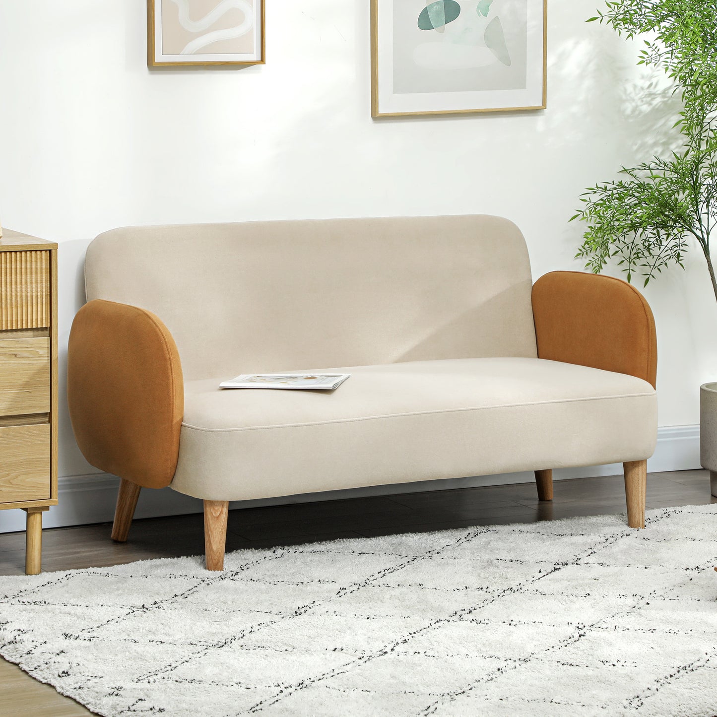 HOMCOM Sofá de 2 Plazas Tapizado en Terciopelo Sofá de Salón con Reposabrazos y Patas de Madera Sofá Pequeño Carga 240 kg para Dormitorio Oficina 130x74x76 cm Crema