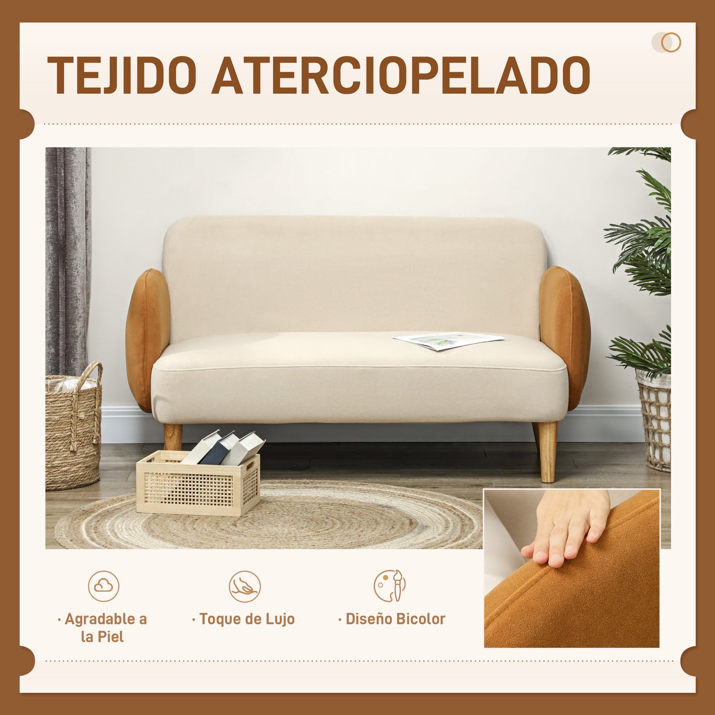 HOMCOM Sofá de 2 Plazas Tapizado en Terciopelo Sofá de Salón con Reposabrazos y Patas de Madera Sofá Pequeño Carga 240 kg para Dormitorio Oficina 130x74x76 cm Crema