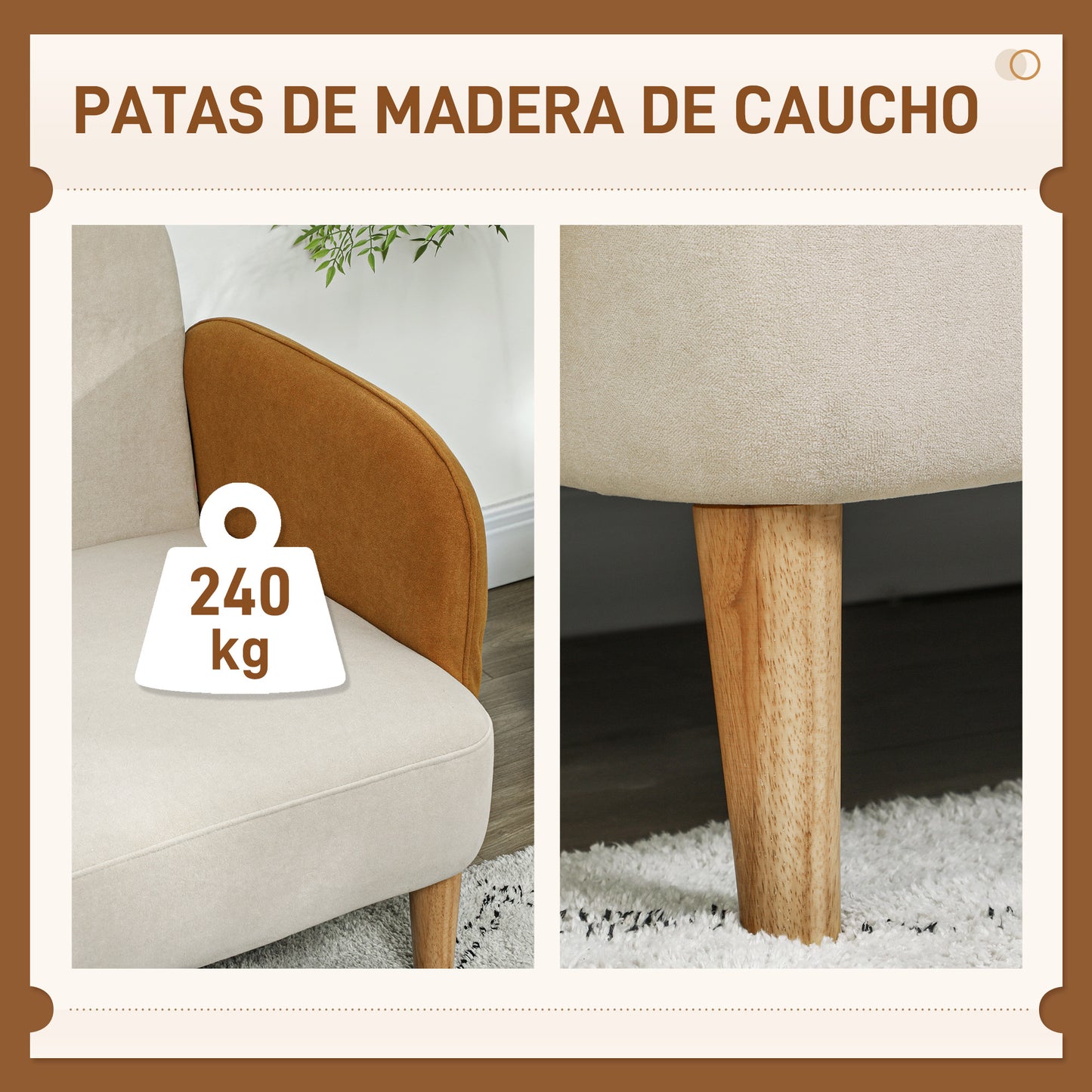 HOMCOM Sofá de 2 Plazas Tapizado en Terciopelo Sofá de Salón con Reposabrazos y Patas de Madera Sofá Pequeño Carga 240 kg para Dormitorio Oficina 130x74x76 cm Crema