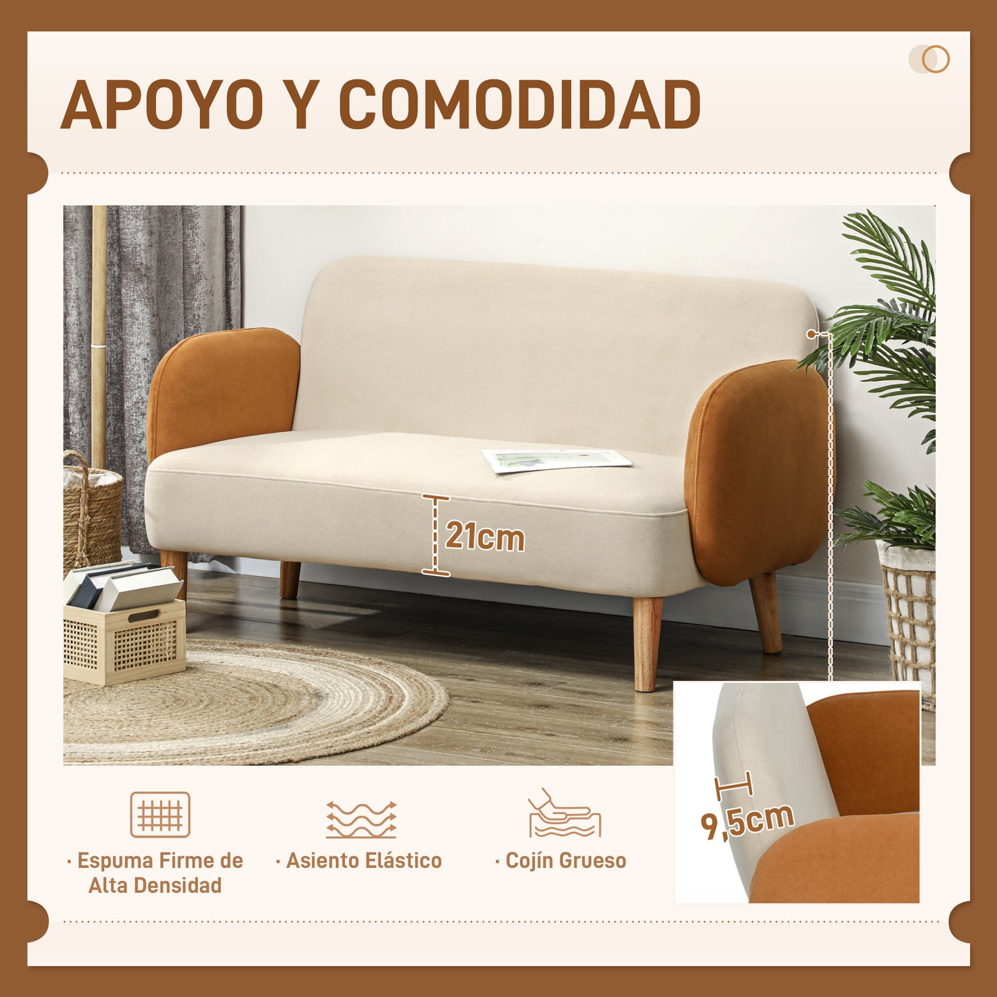 HOMCOM Sofá de 2 Plazas Tapizado en Terciopelo Sofá de Salón con Reposabrazos y Patas de Madera Sofá Pequeño Carga 240 kg para Dormitorio Oficina 130x74x76 cm Crema