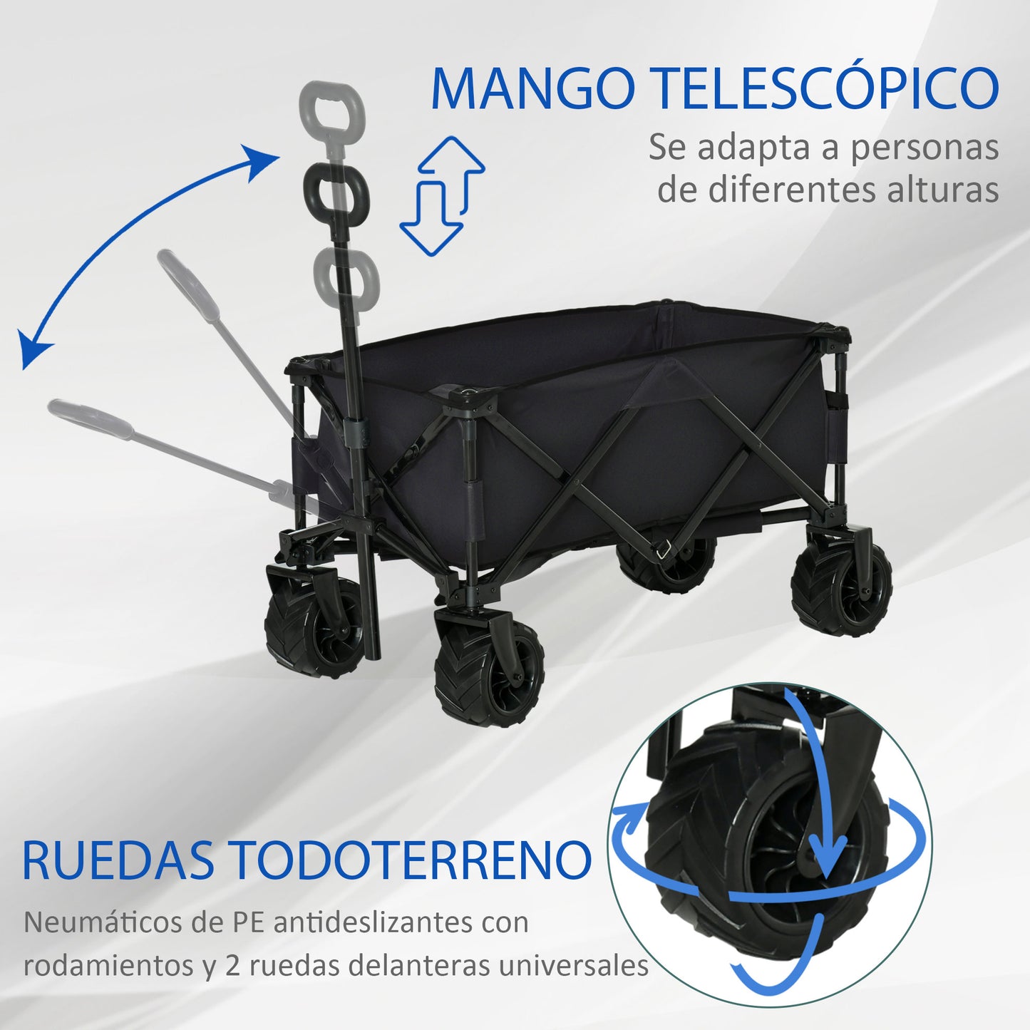 Outsunny Carro de Playa Plegable Carro de Jardín con Ruedas Delanteras Giratorias 360° y Asa Telescópica 108x55x55 cm Negro