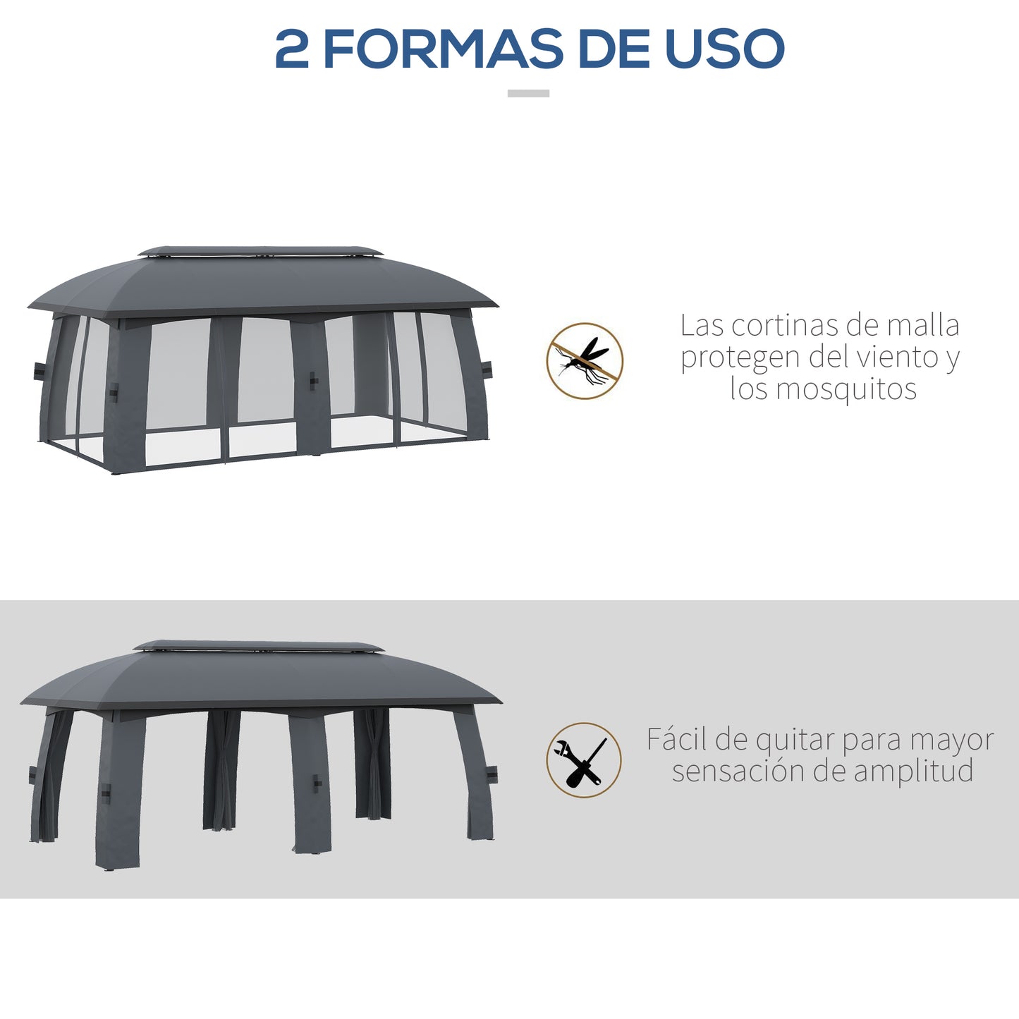 Outsunny Cenador de Jardín 3x6 m Gazebo Exterior con Doble Techo y 6 Mosquiteras con Cremallera y Marco de Metal para Fiestas Eventos Patio Gris Oscuro