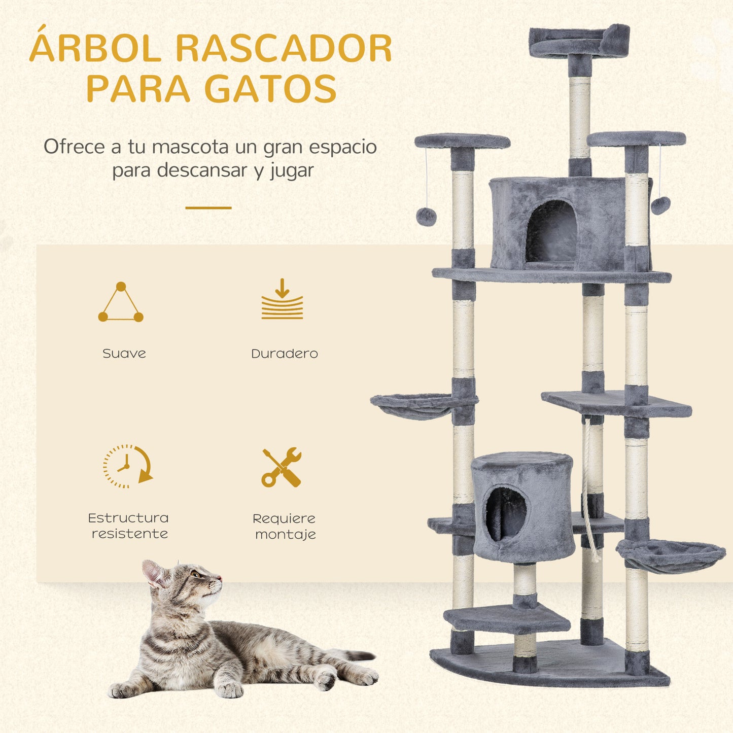 PawHut Árbol Rascador para Gatos Altura 200 cm Torre para Gatos con 2 Cuevas 2 Hamacas Cama Múltiples Plataformas Postes de Sisal y Bolas de Juguete 60x60x200 cm Gris