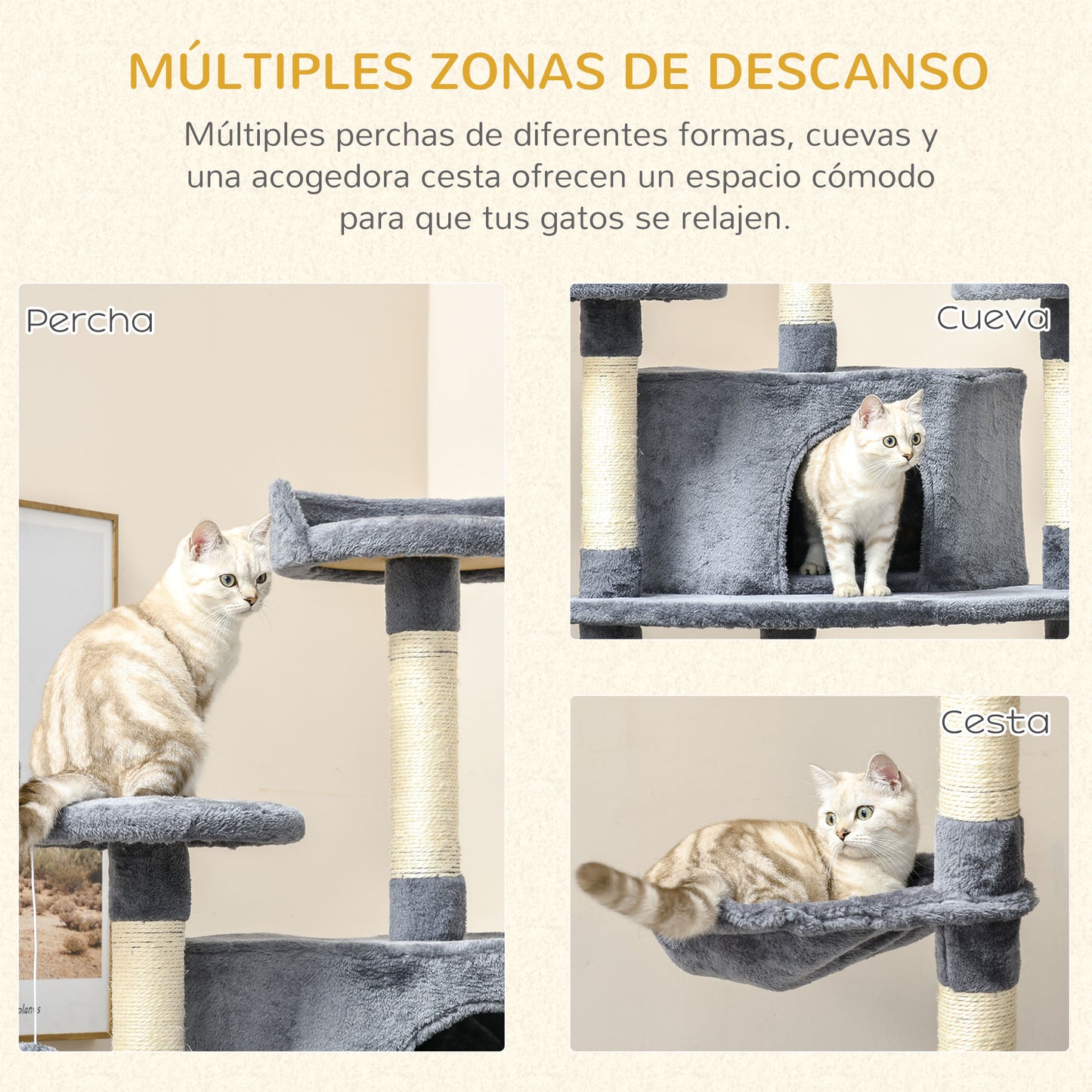 PawHut Árbol Rascador para Gatos Altura 200 cm Torre para Gatos con 2 Cuevas 2 Hamacas Cama Múltiples Plataformas Postes de Sisal y Bolas de Juguete 60x60x200 cm Gris