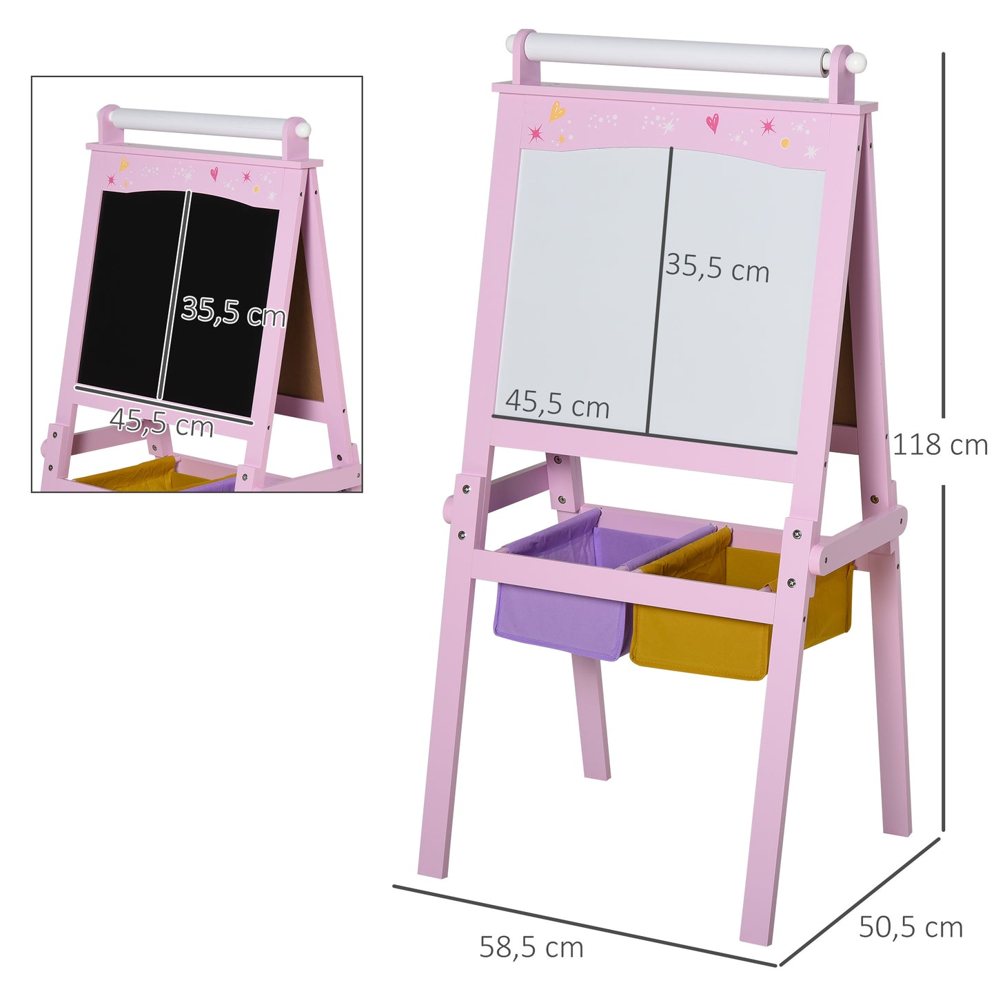 HOMCOM Pizarra Infantil Caballete 3 en 1 Caballete Infantil de Doble Caballete para Niños de +3 Años con Rollo de Papel y 2 Cestas de Almacenamiento 58,5x50,5x118 cm Rosa