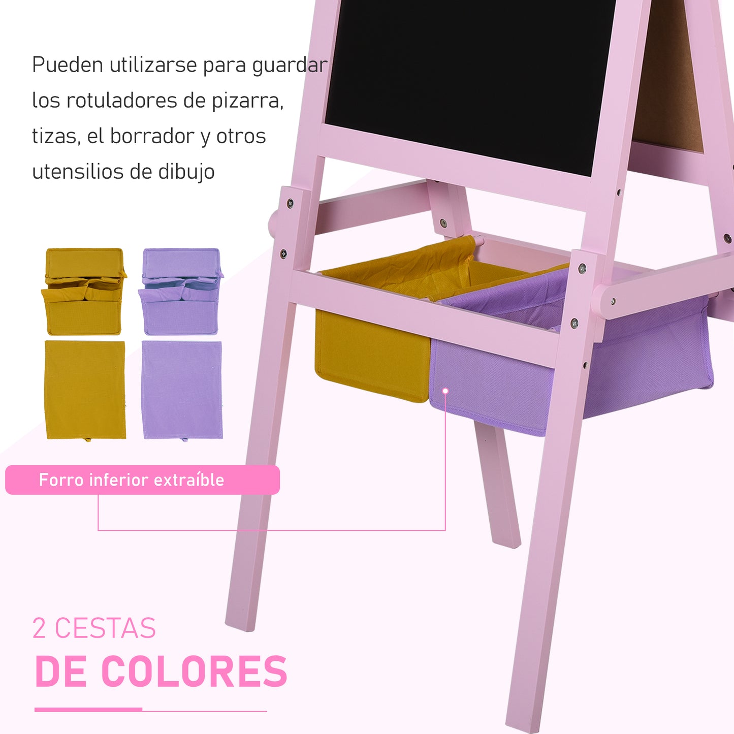 HOMCOM Pizarra Infantil Caballete 3 en 1 Caballete Infantil de Doble Caballete para Niños de +3 Años con Rollo de Papel y 2 Cestas de Almacenamiento 58,5x50,5x118 cm Rosa