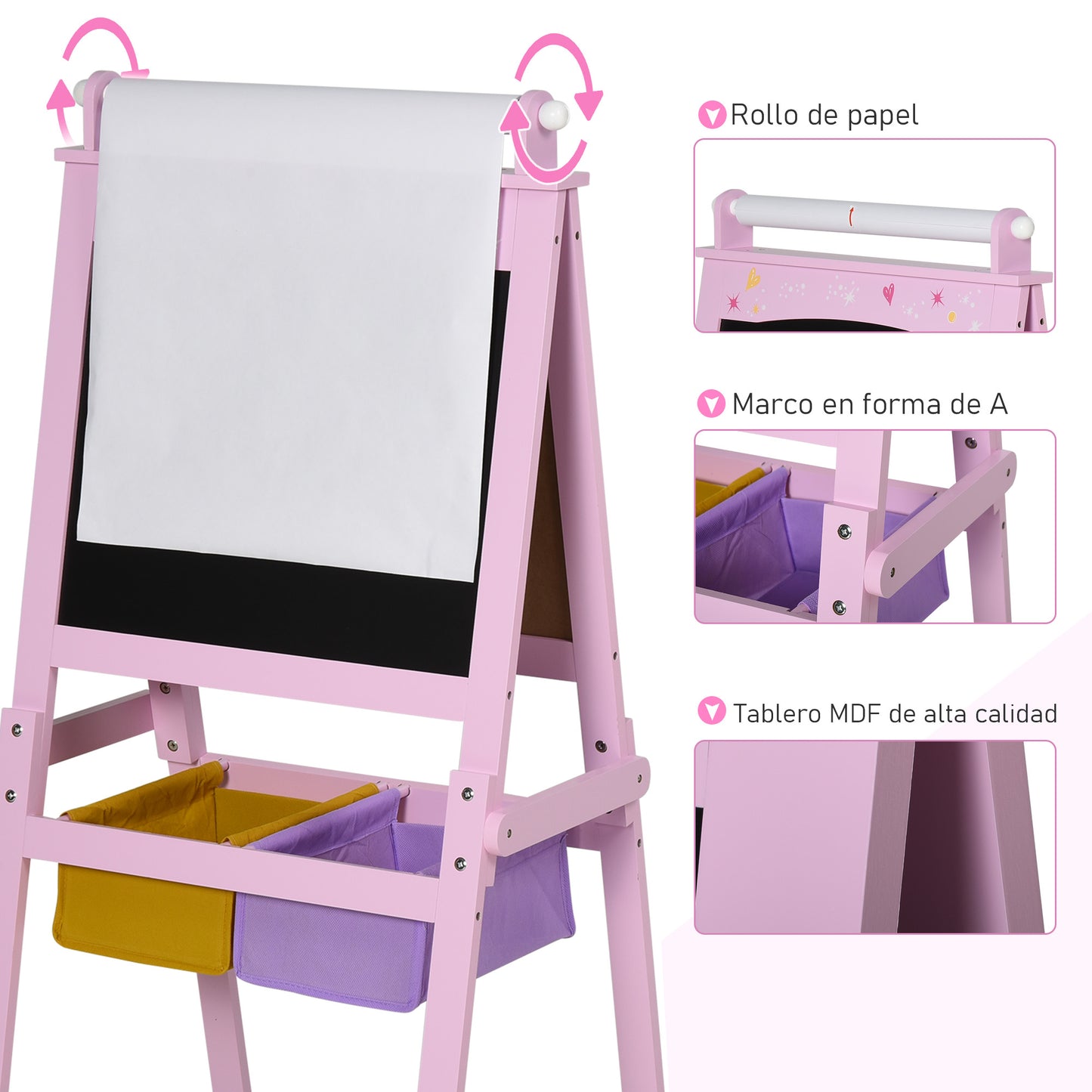 HOMCOM Pizarra Infantil Caballete 3 en 1 Caballete Infantil de Doble Caballete para Niños de +3 Años con Rollo de Papel y 2 Cestas de Almacenamiento 58,5x50,5x118 cm Rosa