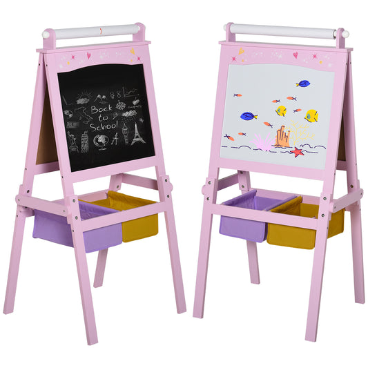 HOMCOM Pizarra Infantil Caballete 3 en 1 Caballete Infantil de Doble Caballete para Niños de +3 Años con Rollo de Papel y 2 Cestas de Almacenamiento 58,5x50,5x118 cm Rosa