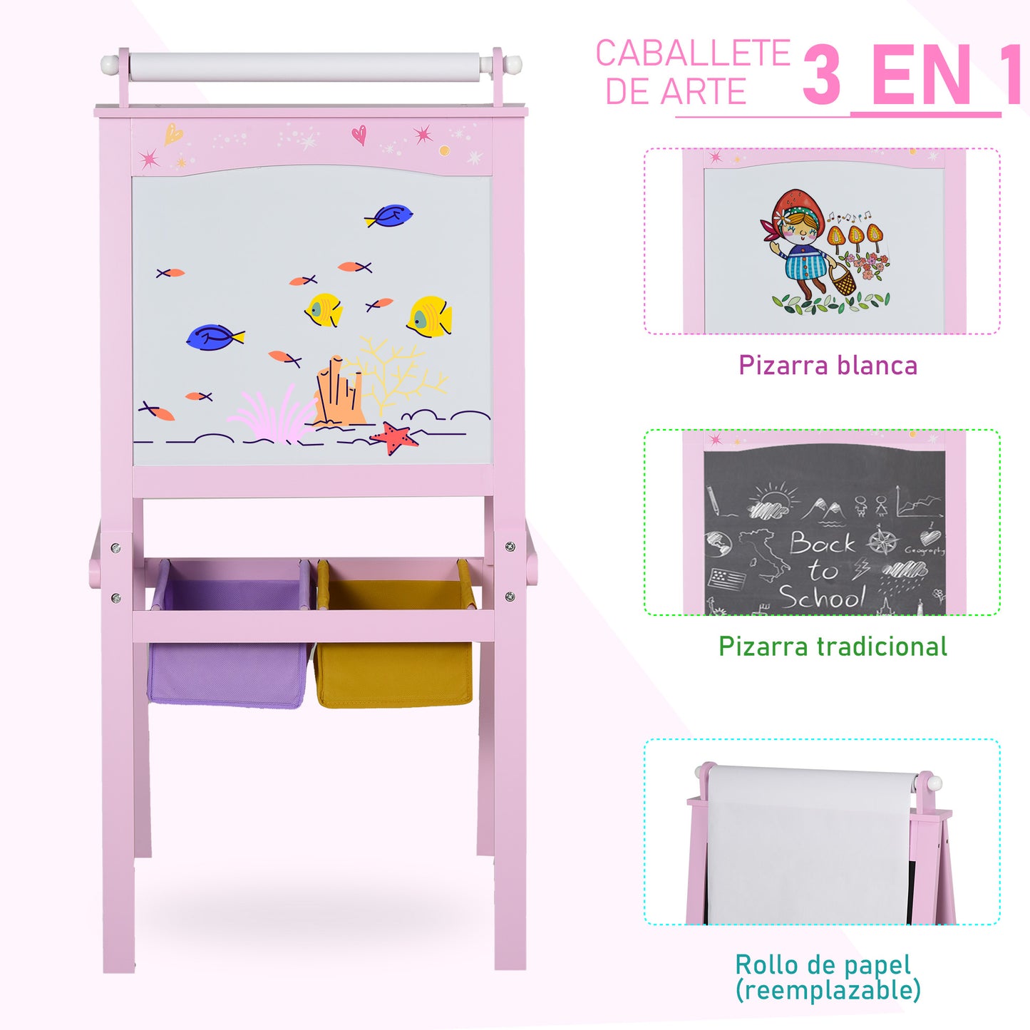 HOMCOM Pizarra Infantil Caballete 3 en 1 Caballete Infantil de Doble Caballete para Niños de +3 Años con Rollo de Papel y 2 Cestas de Almacenamiento 58,5x50,5x118 cm Rosa