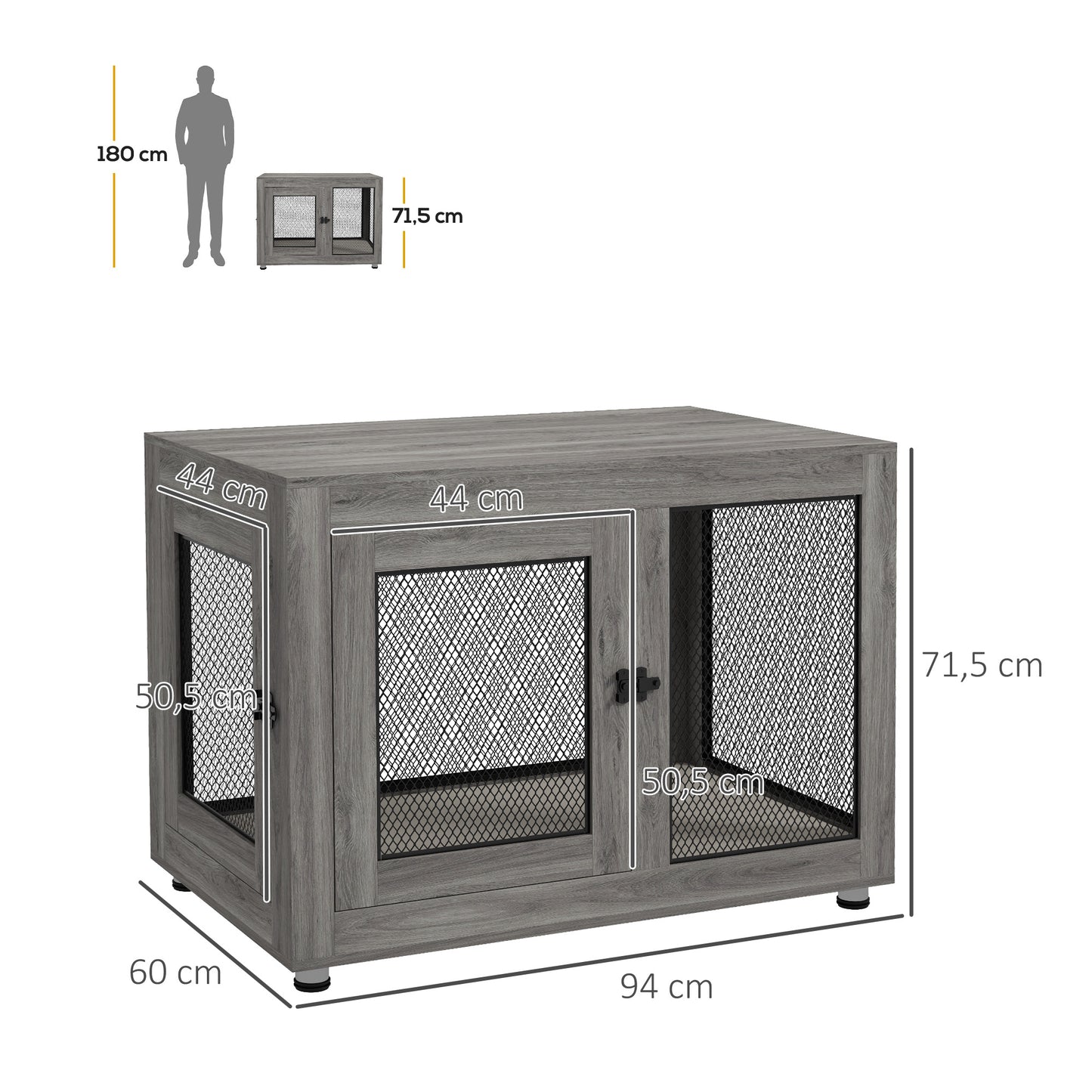 PawHut Jaula para Perros Grandes Estilo Mueble Casa para Perros 94x60x71,5 cm Mesa Auxiliar con 2 Puertas de Pestillo Cojín de Tela Oxford y Rejillas de Acero Gris