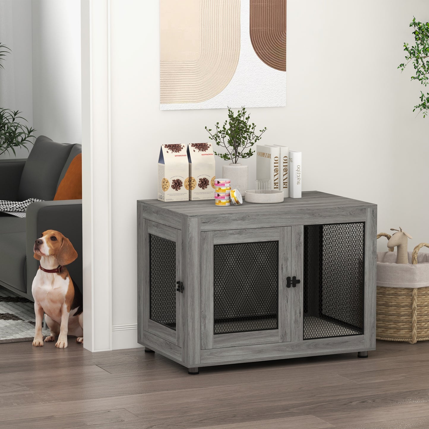 PawHut Jaula para Perros Grandes Estilo Mueble Casa para Perros 94x60x71,5 cm Mesa Auxiliar con 2 Puertas de Pestillo Cojín de Tela Oxford y Rejillas de Acero Gris