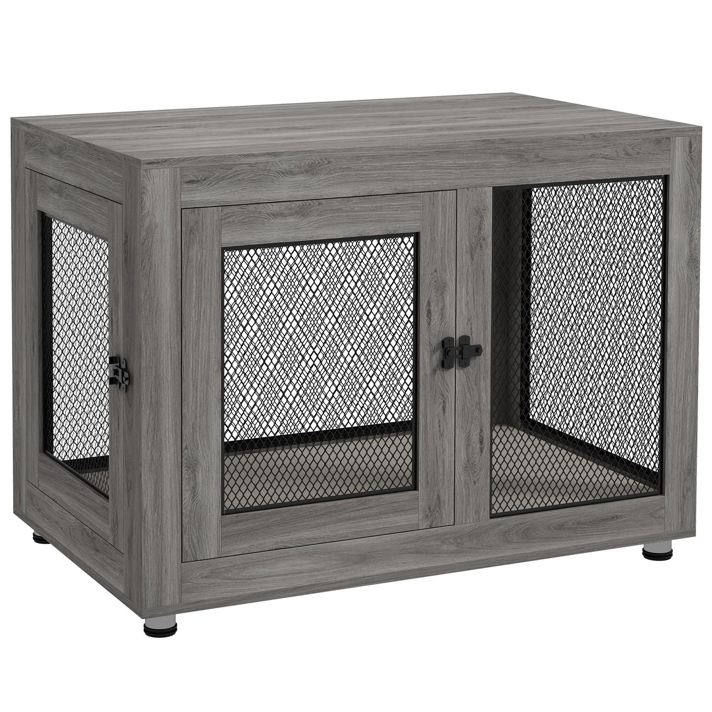 PawHut Jaula para Perros Grandes Estilo Mueble Casa para Perros 94x60x71,5 cm Mesa Auxiliar con 2 Puertas de Pestillo Cojín de Tela Oxford y Rejillas de Acero Gris