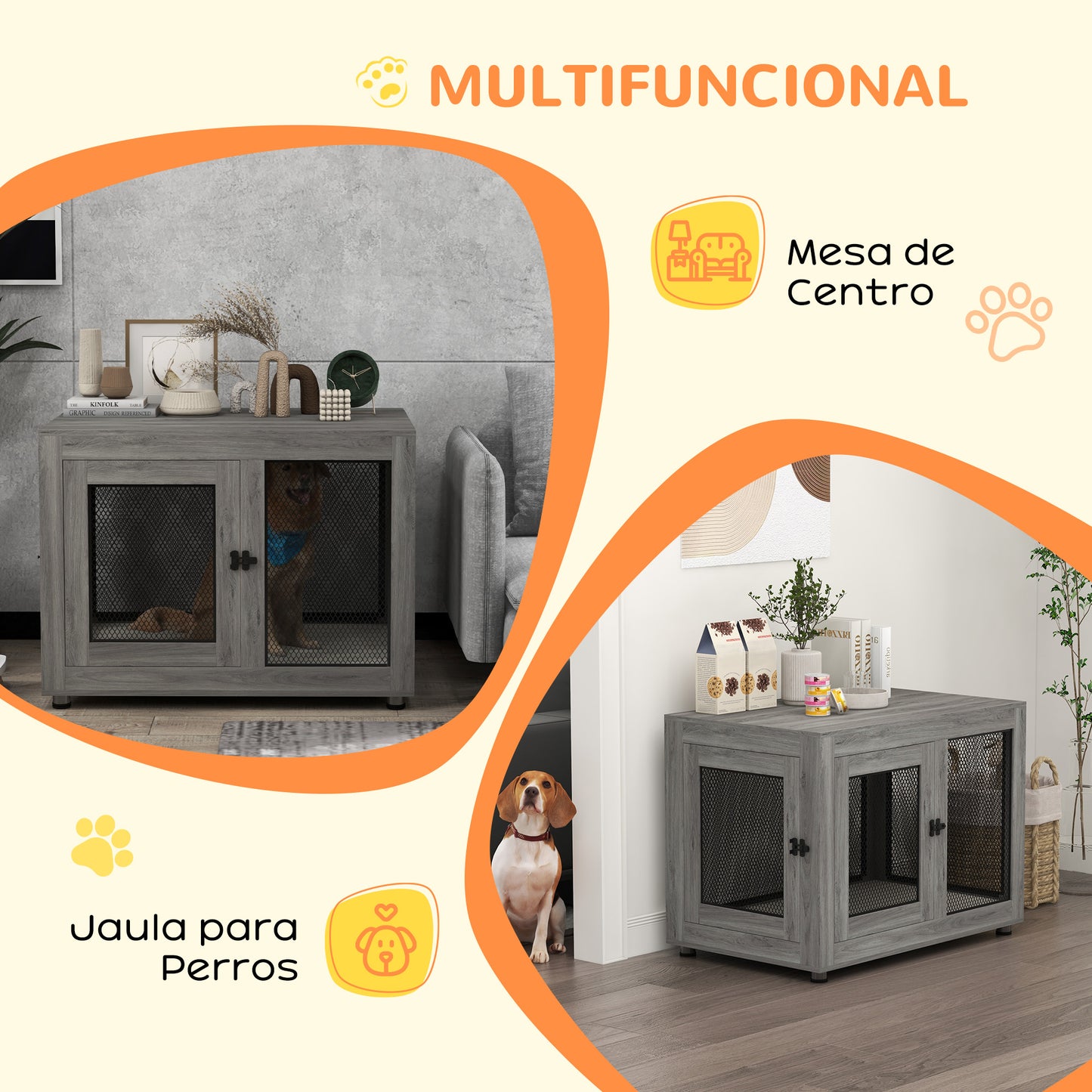 PawHut Jaula para Perros Grandes Estilo Mueble Casa para Perros 94x60x71,5 cm Mesa Auxiliar con 2 Puertas de Pestillo Cojín de Tela Oxford y Rejillas de Acero Gris