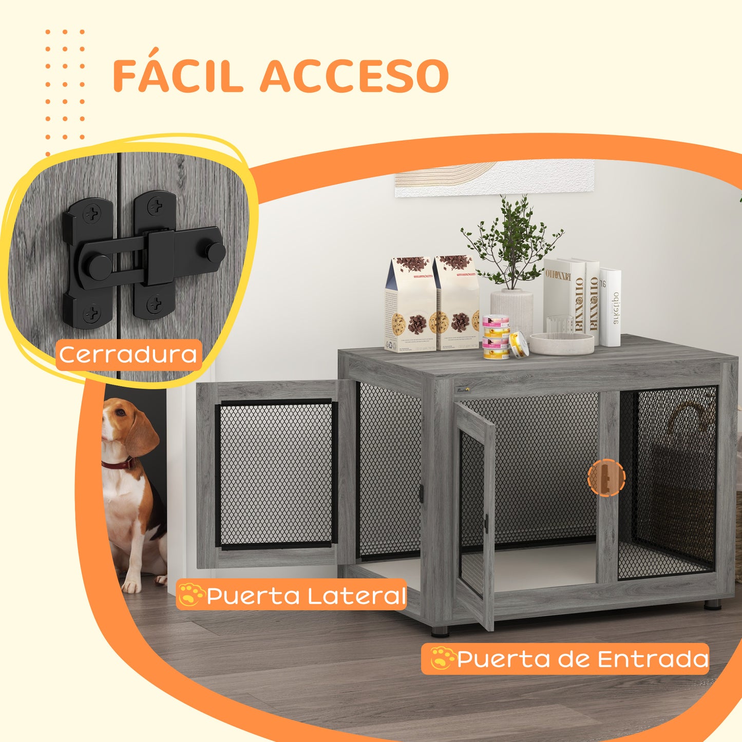 PawHut Jaula para Perros Grandes Estilo Mueble Casa para Perros 94x60x71,5 cm Mesa Auxiliar con 2 Puertas de Pestillo Cojín de Tela Oxford y Rejillas de Acero Gris