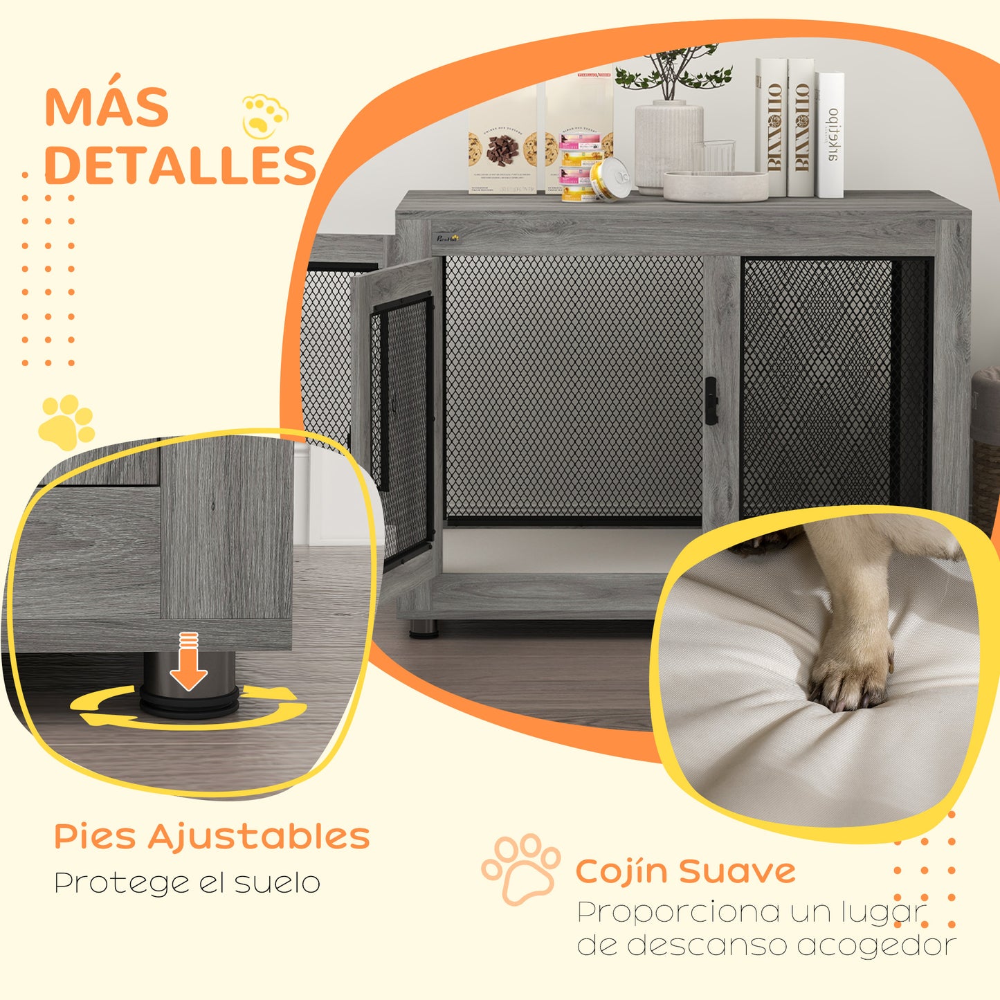 PawHut Jaula para Perros Grandes Estilo Mueble Casa para Perros 94x60x71,5 cm Mesa Auxiliar con 2 Puertas de Pestillo Cojín de Tela Oxford y Rejillas de Acero Gris