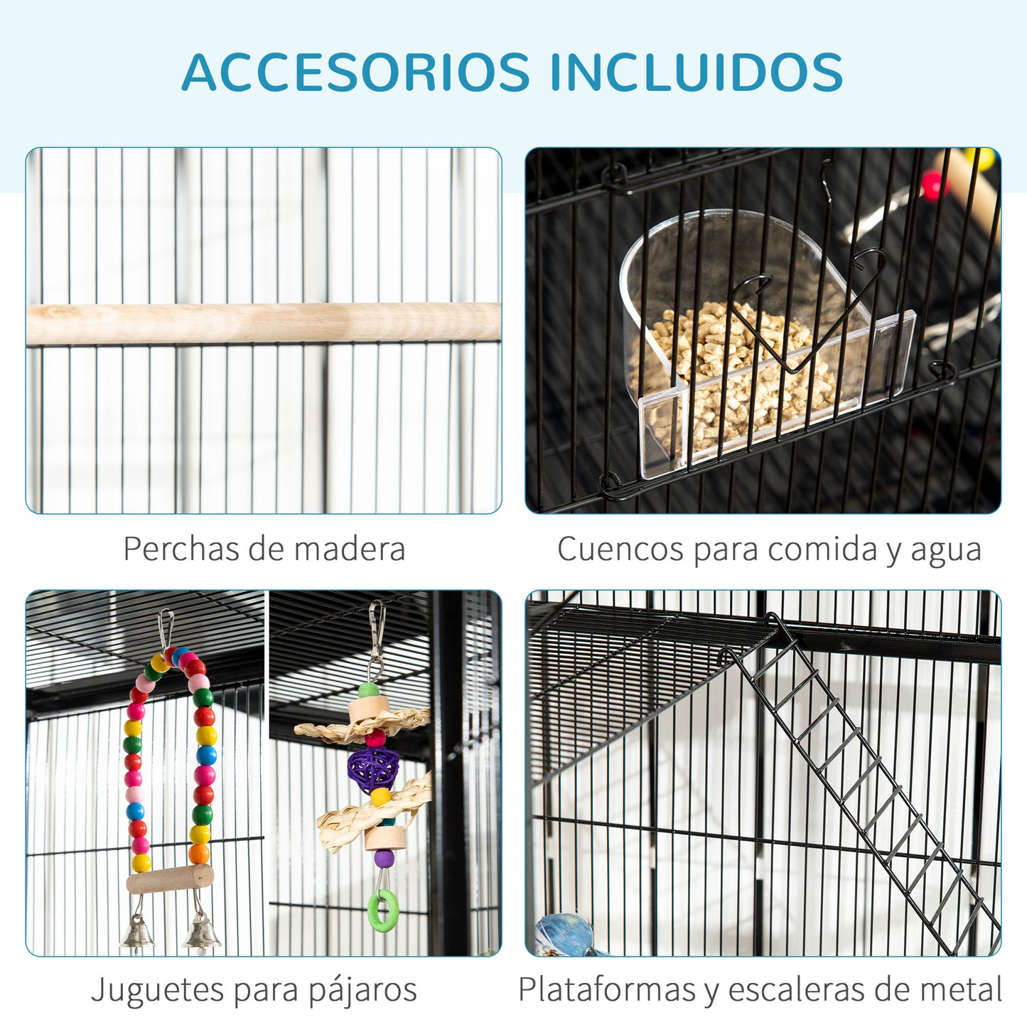 PawHut Jaula para Pájaros con Ruedas 83x53x180 cm Pajarera Metálica de 3 Niveles con 3 Perchas Comederos Juguetes Rampas y Estante de Almacenamiento para Canarios Periquitos Negro