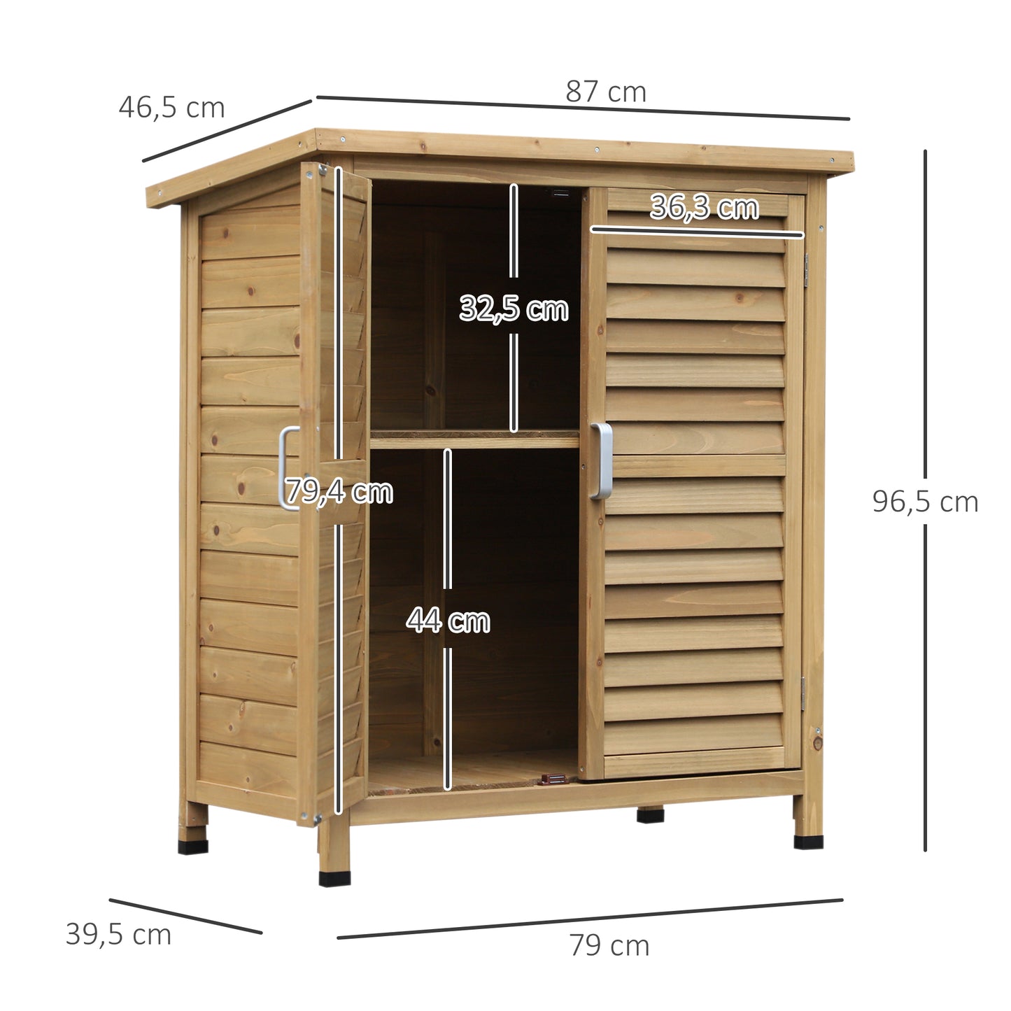 Outsunny Cobertizo de Almacenamiento de Madera para Jardín 87x46,5x96,5 cm con 2 Estantes Interiores 2 puertas de Buena Ventilación y Techo Inclinado para Exterior Terreza Natural