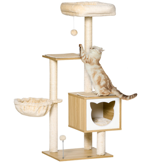 PawHut Árbol Rascador para Gatos con Plataforma Altura 126 cm Torre Escalador para Gatos con Hamaca Caseta Cama Postes de Sisal y Bolas para Jugar 48x40x126 cm Beige