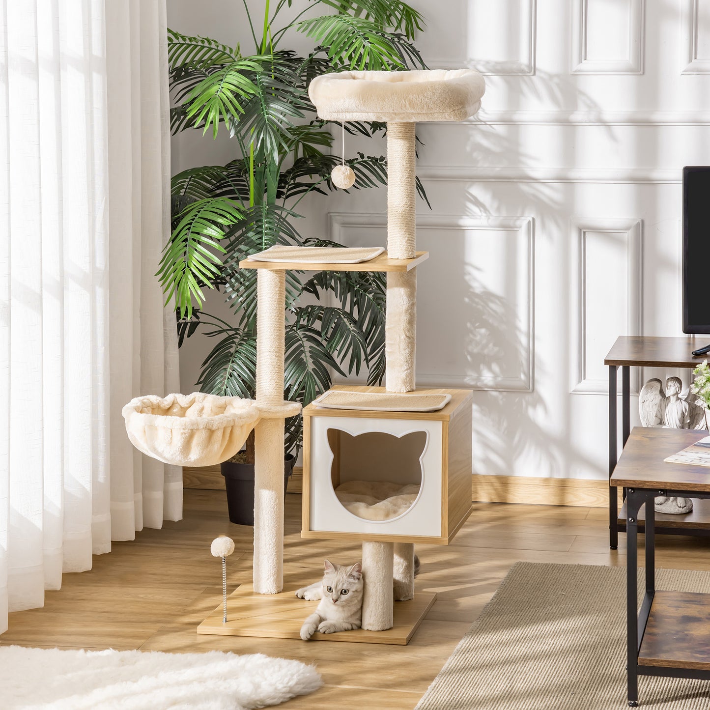 PawHut Árbol Rascador para Gatos con Plataforma Altura 126 cm Torre Escalador para Gatos con Hamaca Caseta Cama Postes de Sisal y Bolas para Jugar 48x40x126 cm Beige