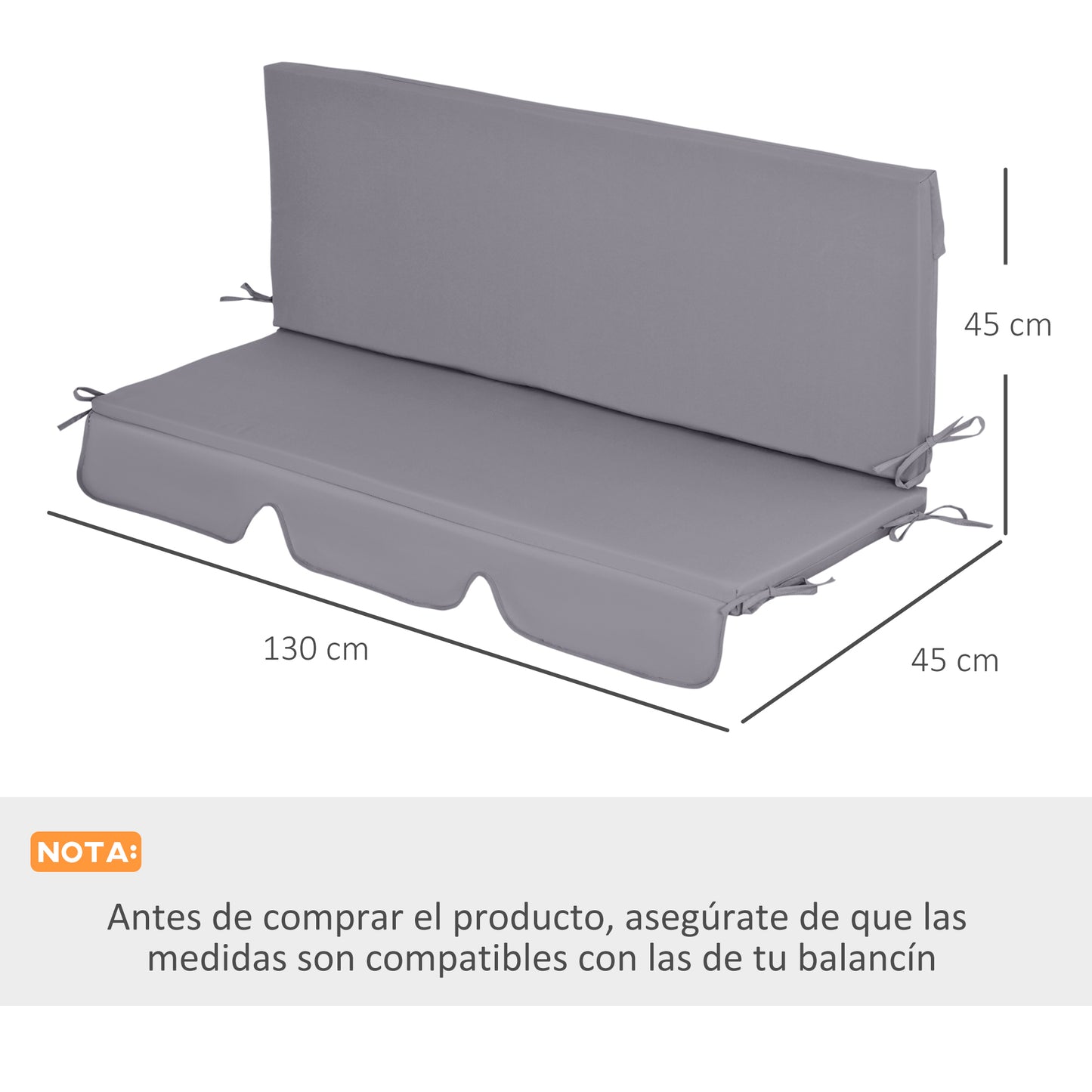 Outsunny Cojín para Columpio de 2 Piezas 130x45x5 cm Cojín para Balancín Cojín de Asiento y Respaldo Acolchado para Jardín Terraza Balcón Exterior Gris