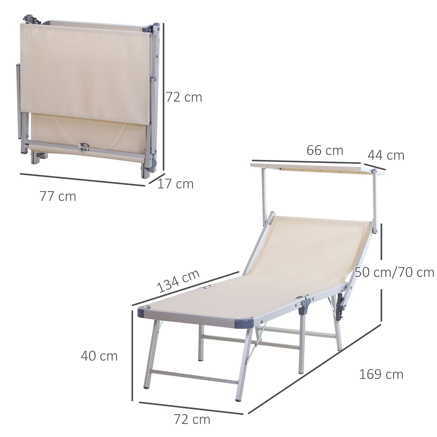 Outsunny Tumbona Plegable y Reclinable de Aluminio con Toldo Incorporado para Piscina Jardín Terraza Exterior Carga 120 kg 169x72x50/70 cm Beige