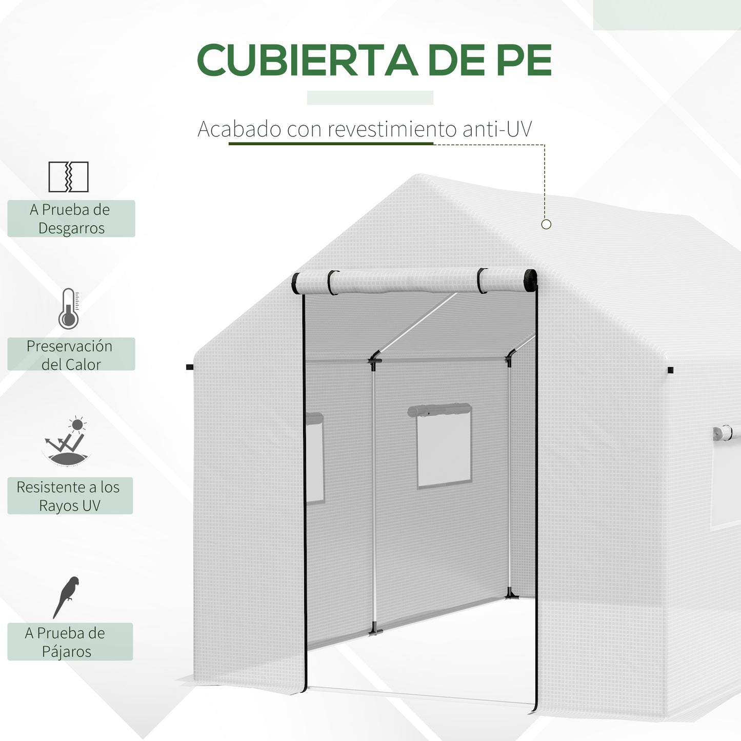 Outsunny Invernadero de Exterior 2x3x2 m Invernadero de Túnel con 4 Ventanas de Malla y Puerta con Cremallera Invernadero de Huerto Anti-UV para Patio Jardín Blanco