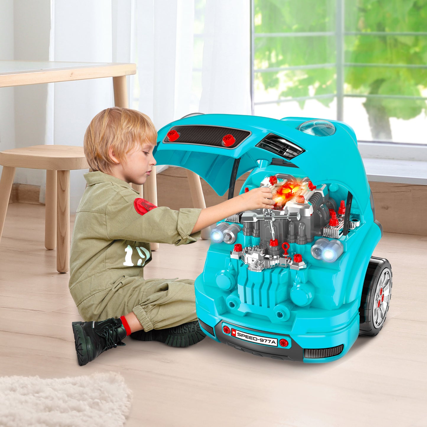 HOMCOM Motor de Camión para Niños de +3 Años Conjunto de Motor de Juguete con 61 Piezas Volante Bocina Faros Caja de Almacenaje y Ruedas 40x39x47 cm Turquesa