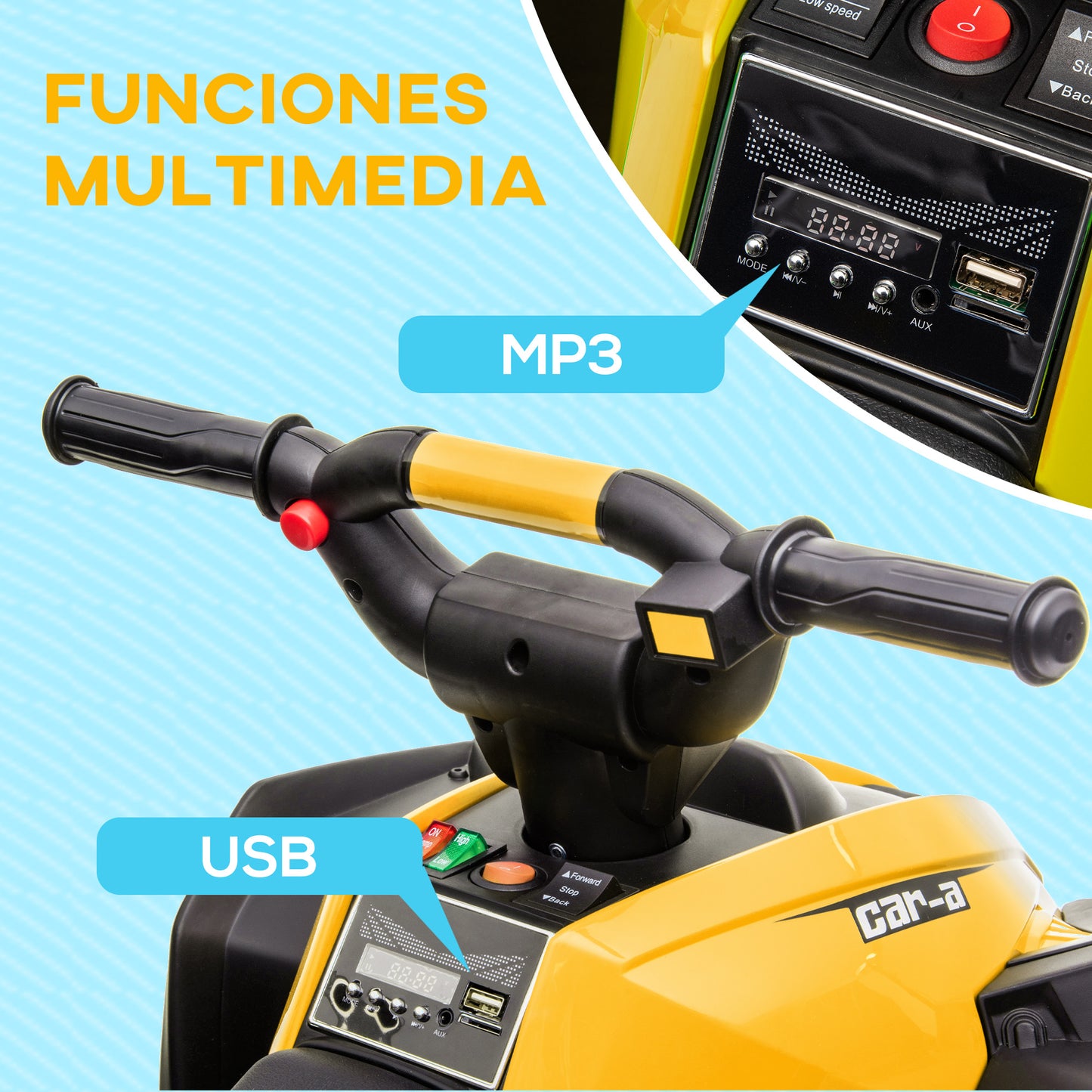 HOMCOM Quad Eléctrico para Niños de 3-5 Años Vehículo Eléctrico a Batería 12V con 2 Motores Faros Bocina Música Velocidad Ajustable Avance y Retroceso 83x53x55,5 cm Amarillo