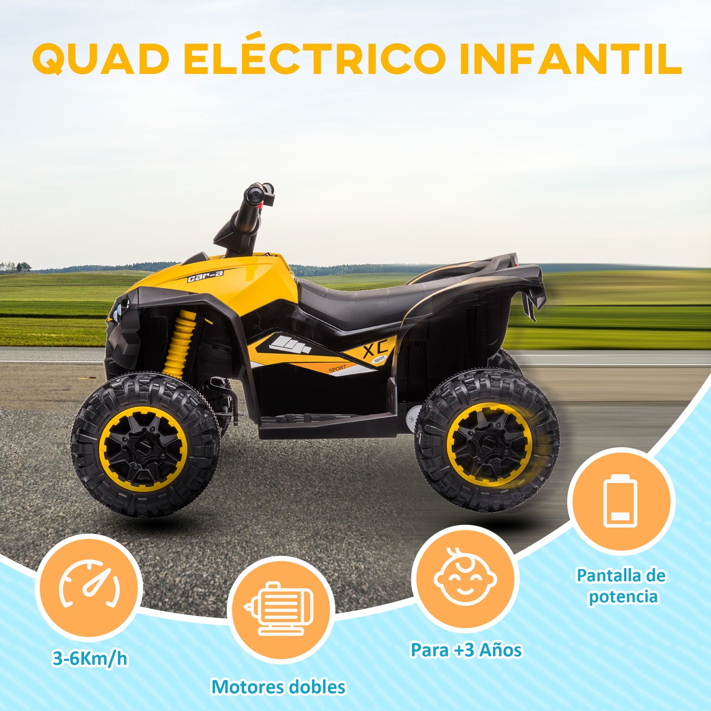 HOMCOM Quad Eléctrico para Niños de 3-5 Años Vehículo Eléctrico a Batería 12V con 2 Motores Faros Bocina Música Velocidad Ajustable Avance y Retroceso 83x53x55,5 cm Amarillo