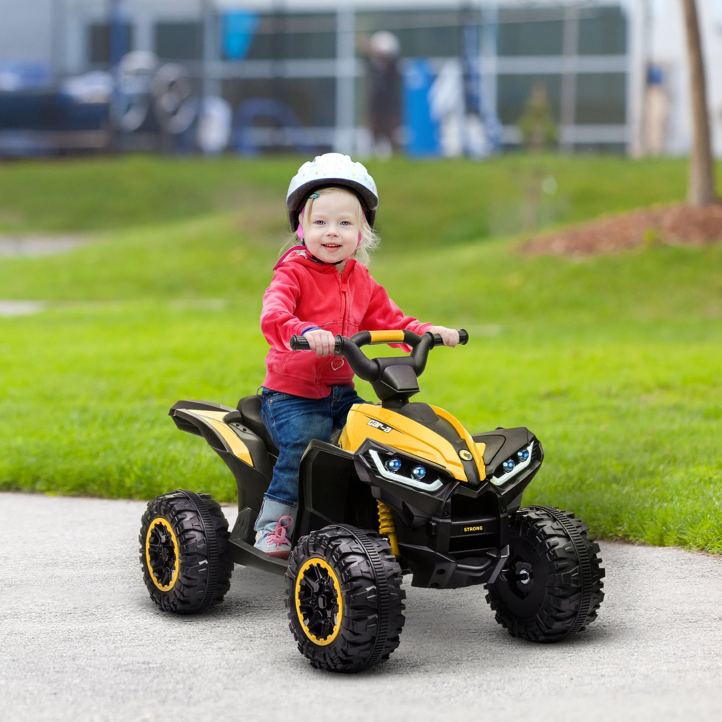 HOMCOM Quad Eléctrico para Niños de 3-5 Años Vehículo Eléctrico a Batería 12V con 2 Motores Faros Bocina Música Velocidad Ajustable Avance y Retroceso 83x53x55,5 cm Amarillo