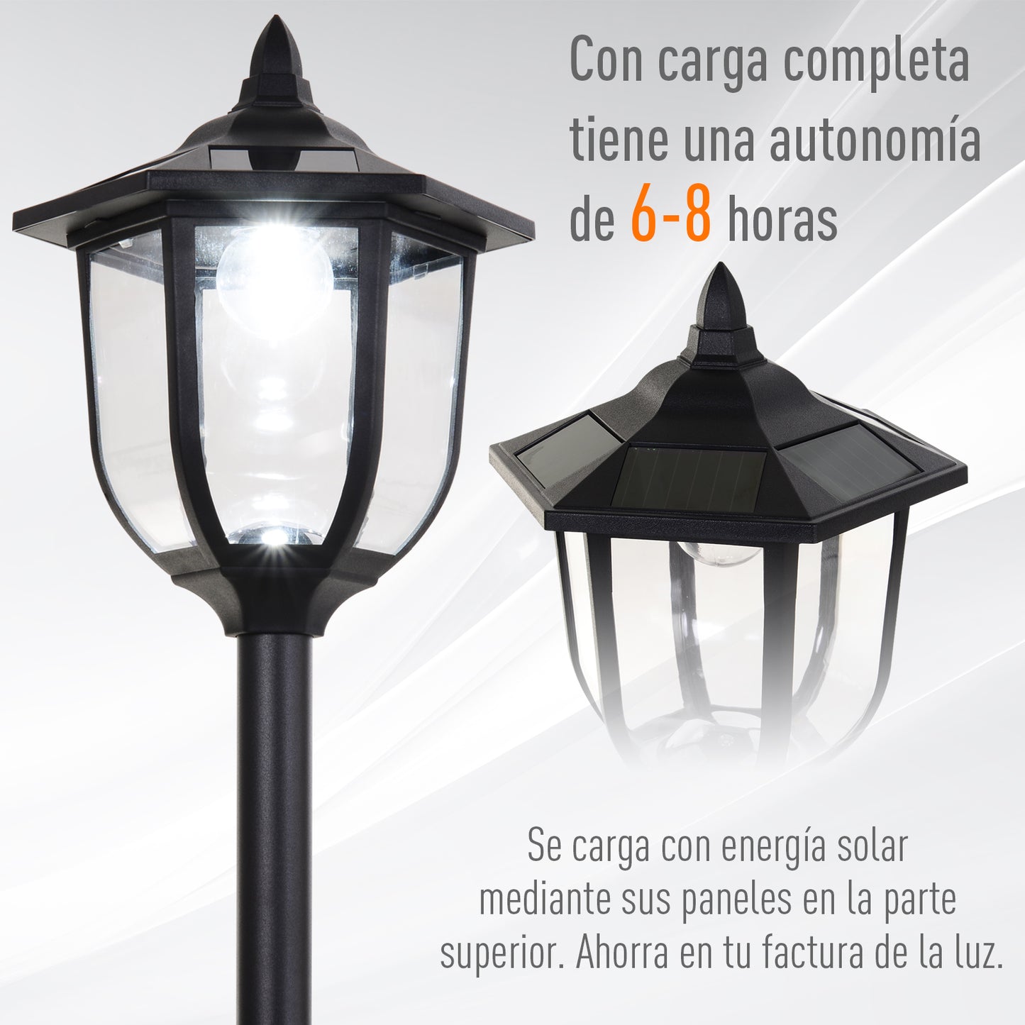 Outsunny Farola Solar con Panel Solar a Cargar Batería Protección al Ambiente 6 LED Perfecto para Noche Encendido Automático Autonomía de 6 Horas Instalar Fácil Negro Ø26,5 x 177cm