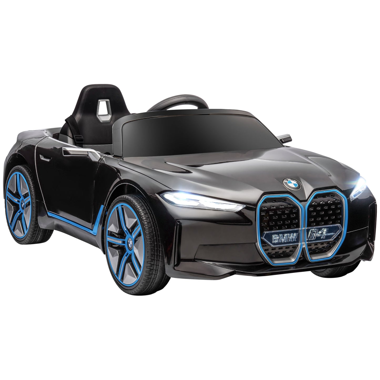 HOMCOM Coche Eléctrico para Niños 37-72 Meses Autorización BMW I4 Coche de Batería 12V con Control Remoto Música MP3 Pantalla Luces y Cinturón de Seguridad 115x67x45 cm Negro