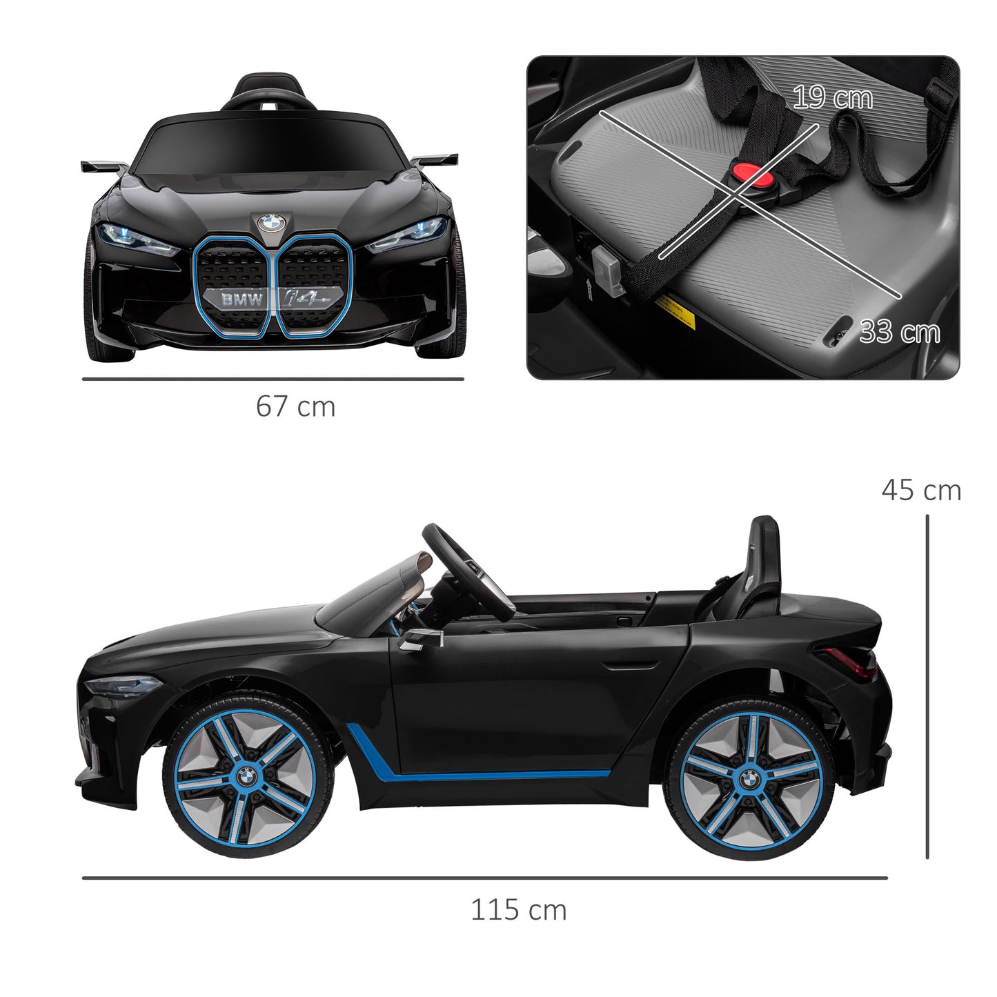 HOMCOM Coche Eléctrico para Niños 37-72 Meses Autorización BMW I4 Coche de Batería 12V con Control Remoto Música MP3 Pantalla Luces y Cinturón de Seguridad 115x67x45 cm Negro