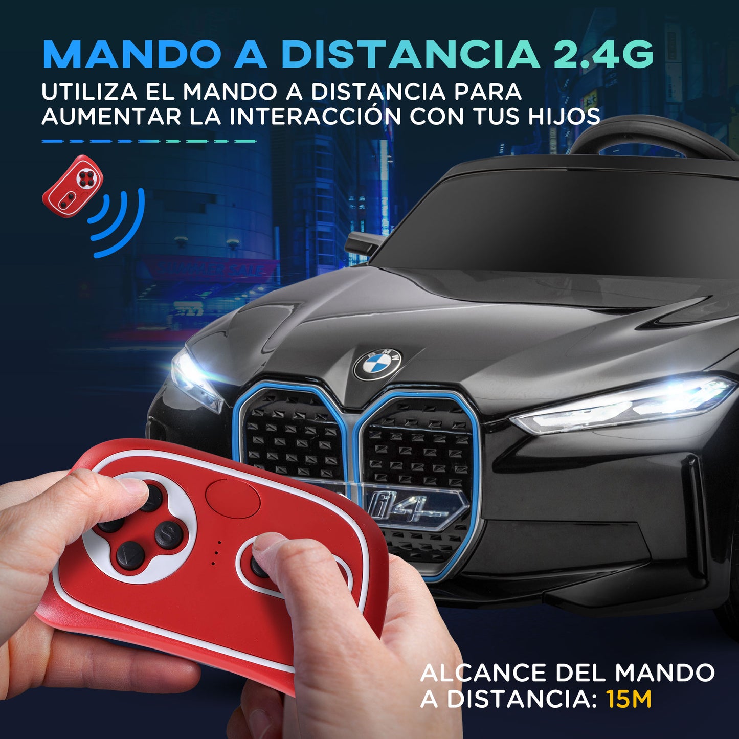 HOMCOM Coche Eléctrico para Niños 37-72 Meses Autorización BMW I4 Coche de Batería 12V con Control Remoto Música MP3 Pantalla Luces y Cinturón de Seguridad 115x67x45 cm Negro