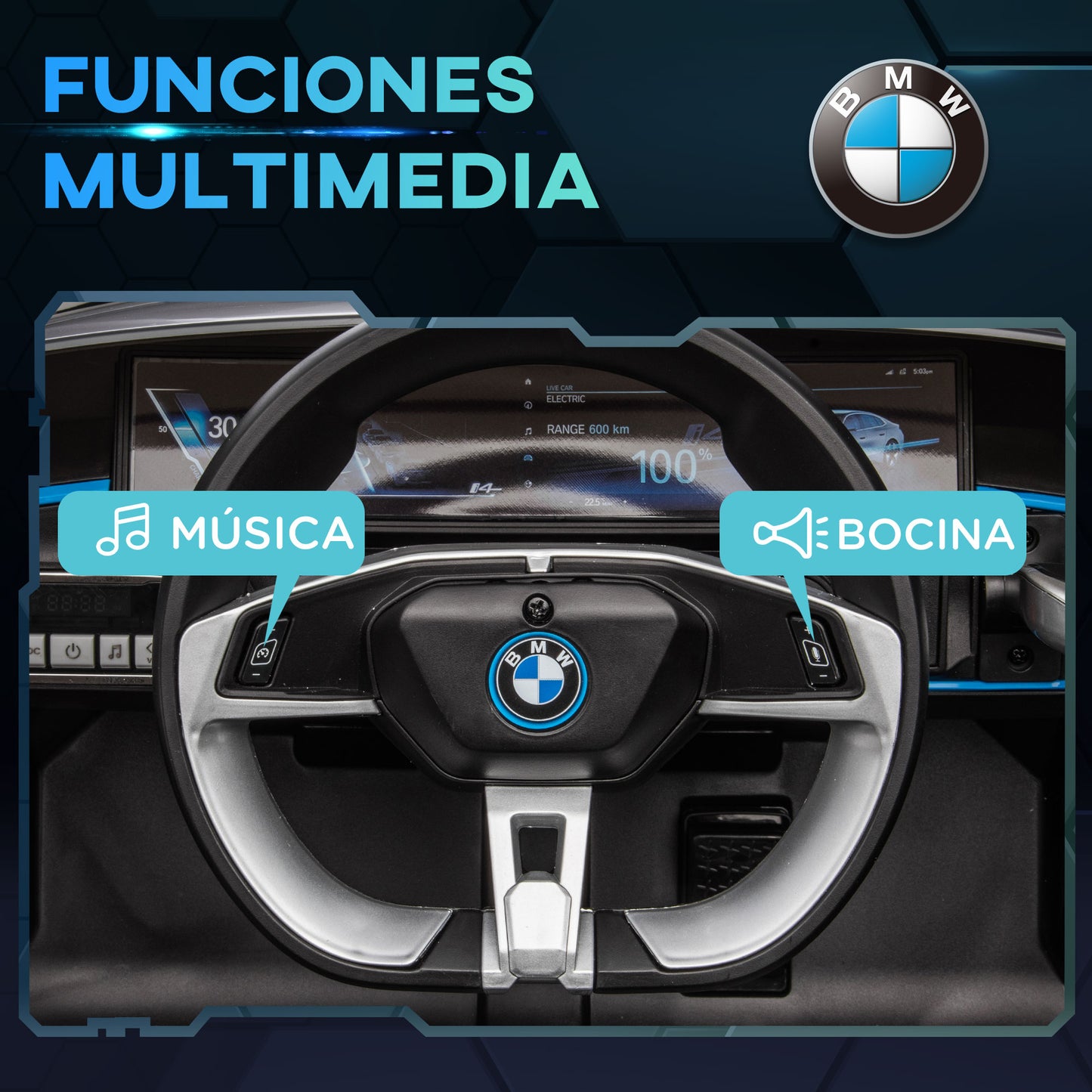 HOMCOM Coche Eléctrico para Niños 37-72 Meses Autorización BMW I4 Coche de Batería 12V con Control Remoto Música MP3 Pantalla Luces y Cinturón de Seguridad 115x67x45 cm Negro