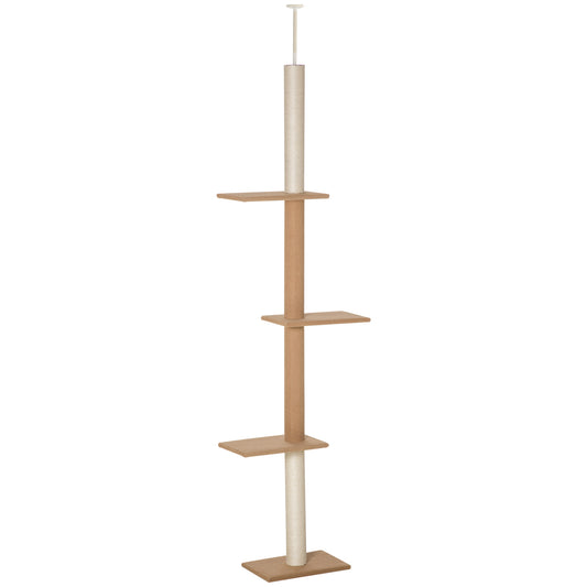 PawHut Árbol para Gatos del Suelo al Techo 43x27x228-260 cm Torre para Gatos con Altura Ajustable 4 Plataformas Espaciosas y Poste de Sisal Marrón