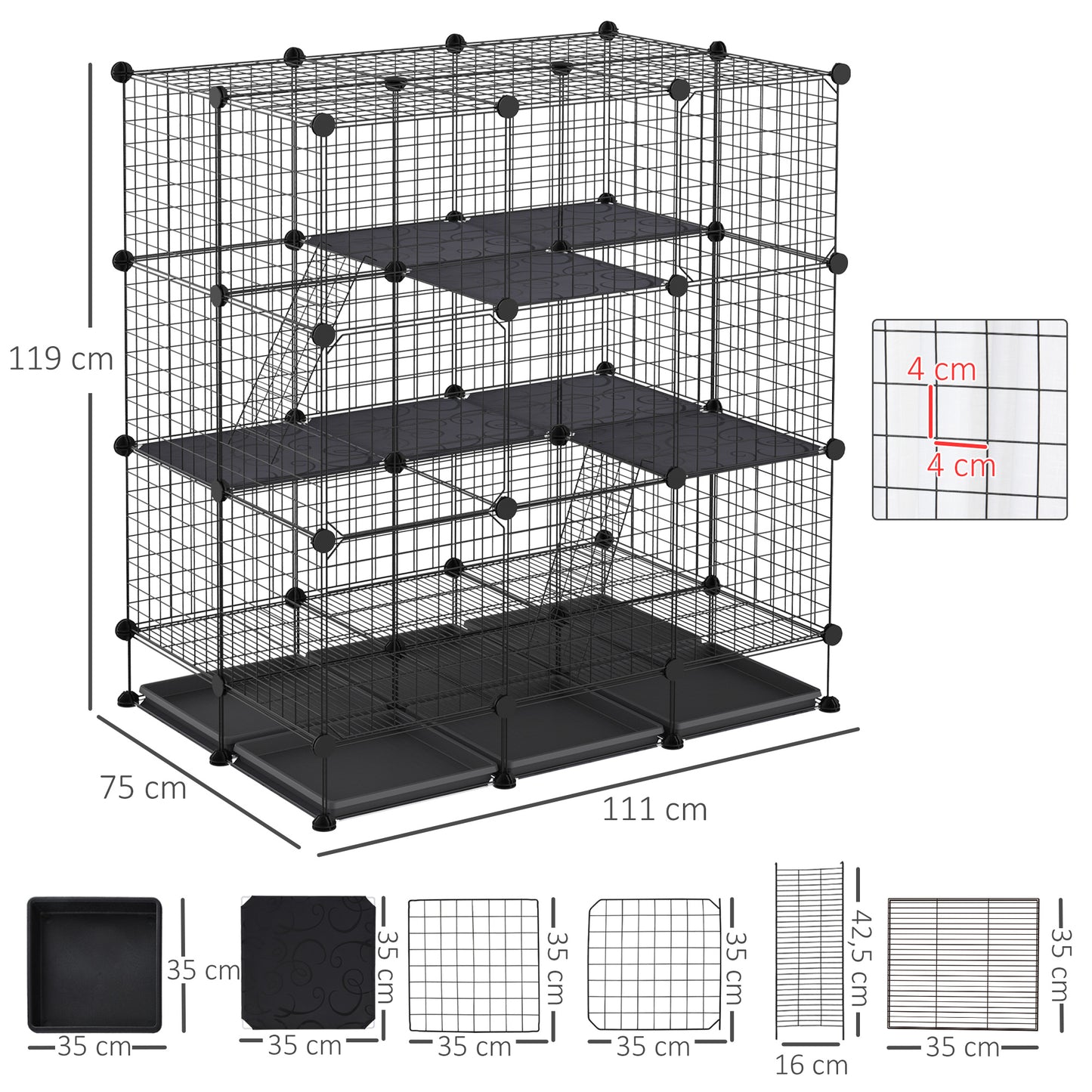 PawHut Valla Metálica para Pequeños Animales Montaje DIY Parque Metálica Desmontable con 3 Niveles y 4 Puertas Grandes 6 Bandejas Extraíbles Jaula de Mascotas Pequeñas 111x75x119 cm Negro