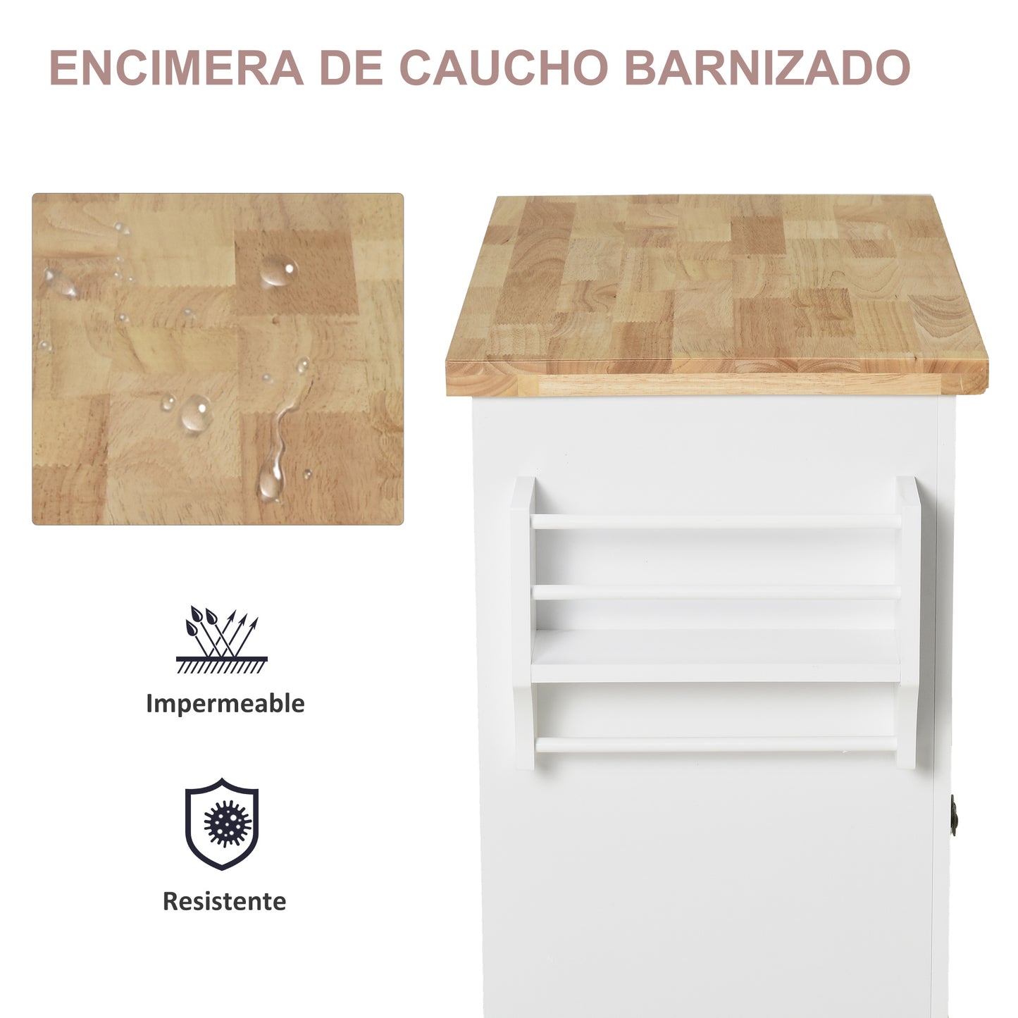 HOMCOM Isla de Cocina con Ruedas Carro de Cocina Mueble Auxiliar de Cocina con 2 Cajones 4 Puertas Especiero y Barra Lateral para Comedor 111x44,5x82,5 cm Blanco