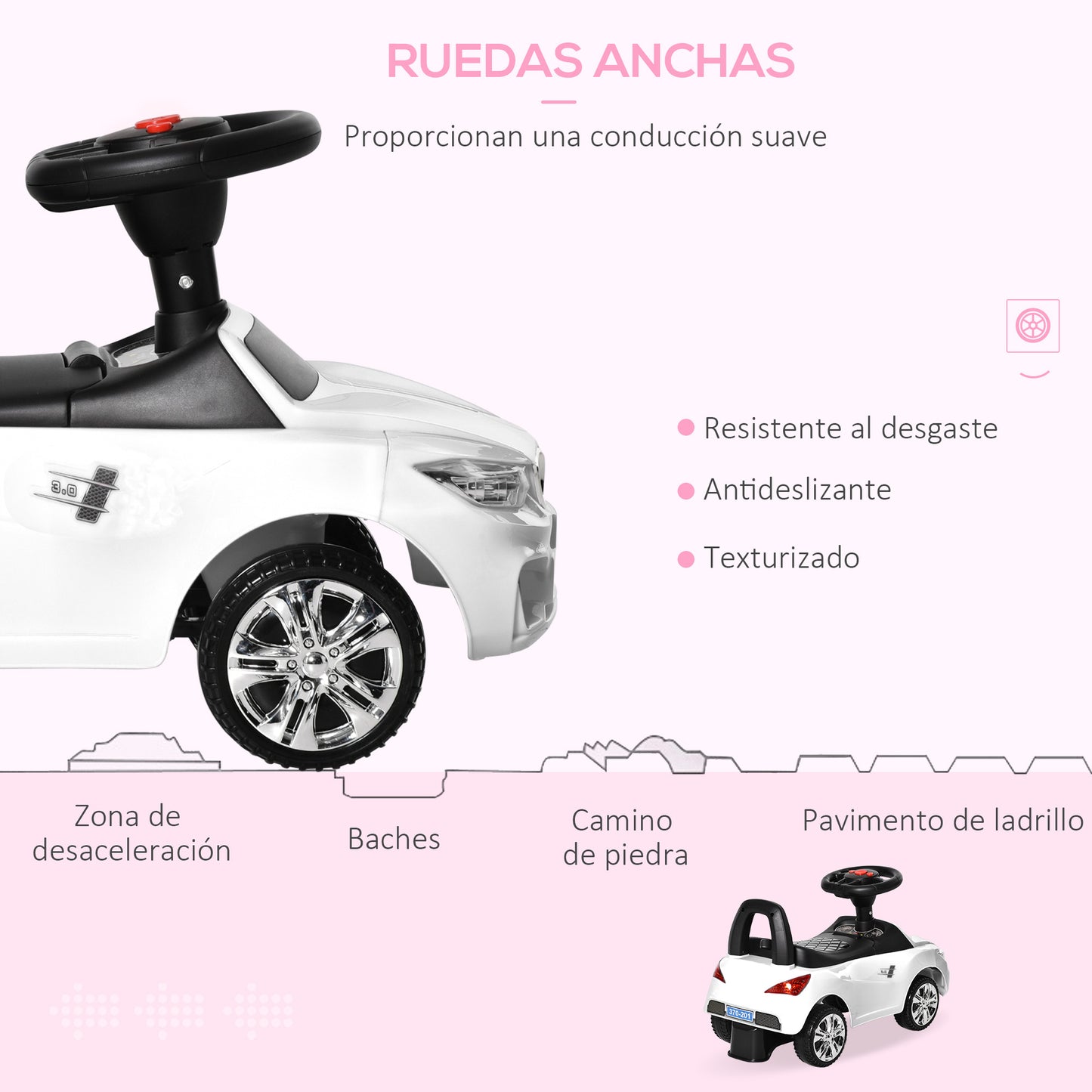 HOMCOM Coche Correpasillos para Niños de 18-36 Meses con Faros Música Bocina Volante Espacio de Almacenaje y Asa para Empujar 63,5x28x36 cm Blanco