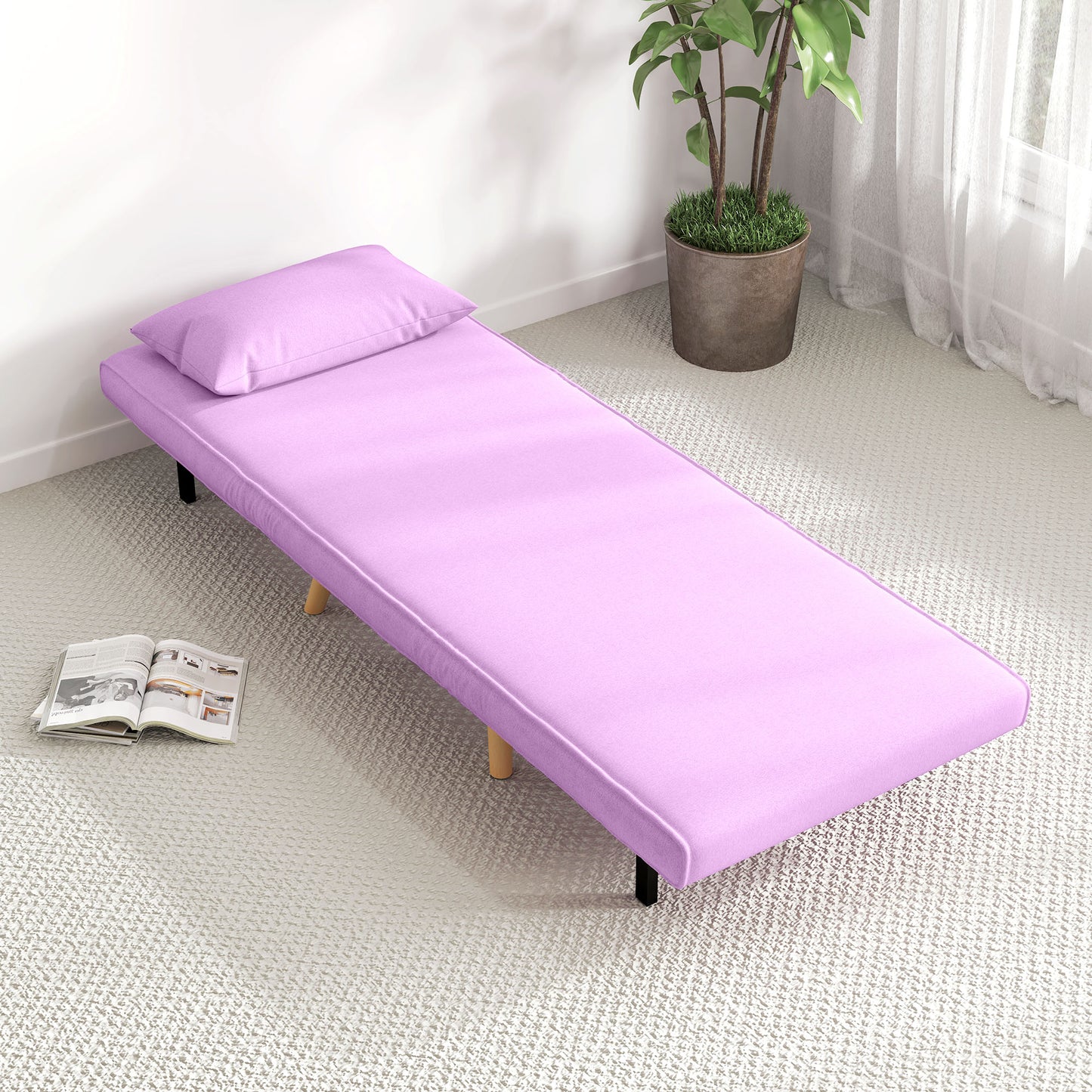 HOMCOM Sofá Cama Individual Sofá Cama Plegable Tapizado en Lino con Respaldo Ajustable en 5 Posiciones y Almohada Sofá Cama Pequeño para Salón 72x75x85 cm Rosa