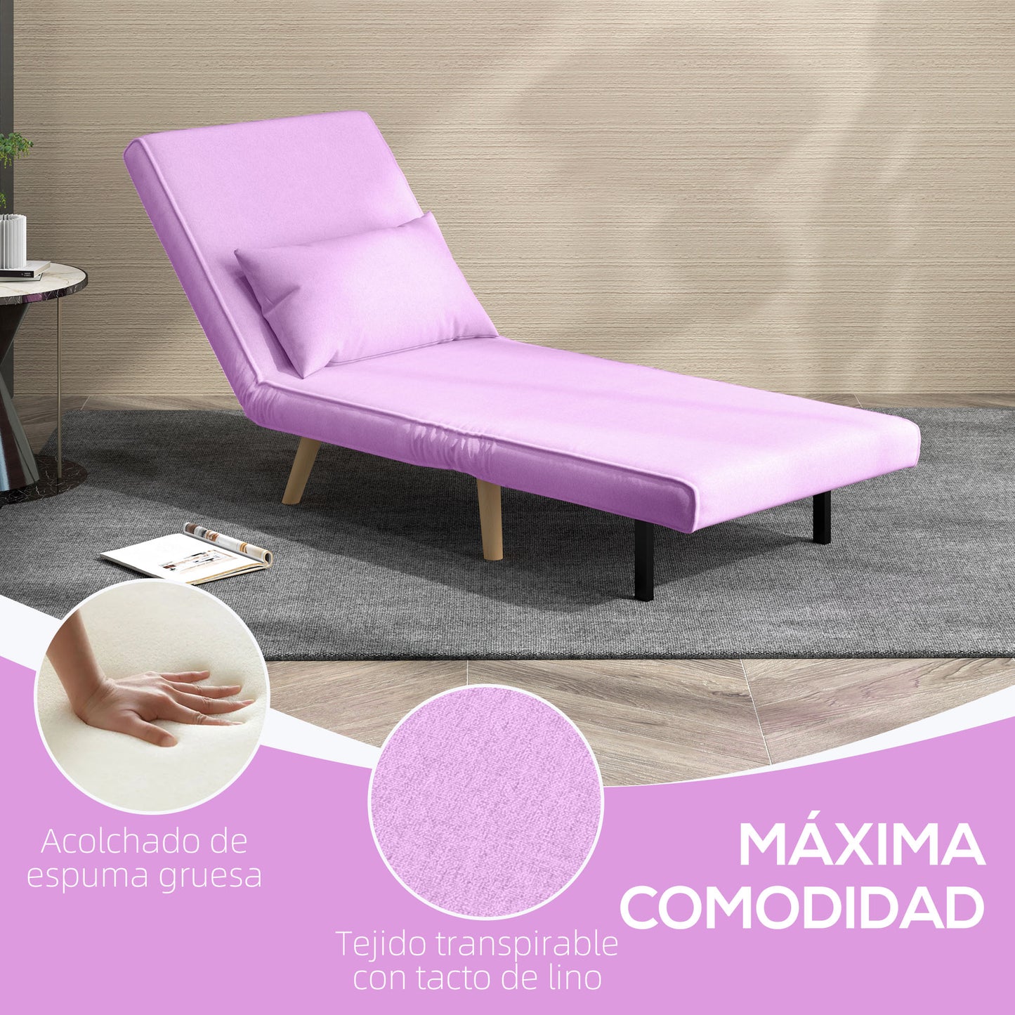 HOMCOM Sofá Cama Individual Sofá Cama Plegable Tapizado en Lino con Respaldo Ajustable en 5 Posiciones y Almohada Sofá Cama Pequeño para Salón 72x75x85 cm Rosa