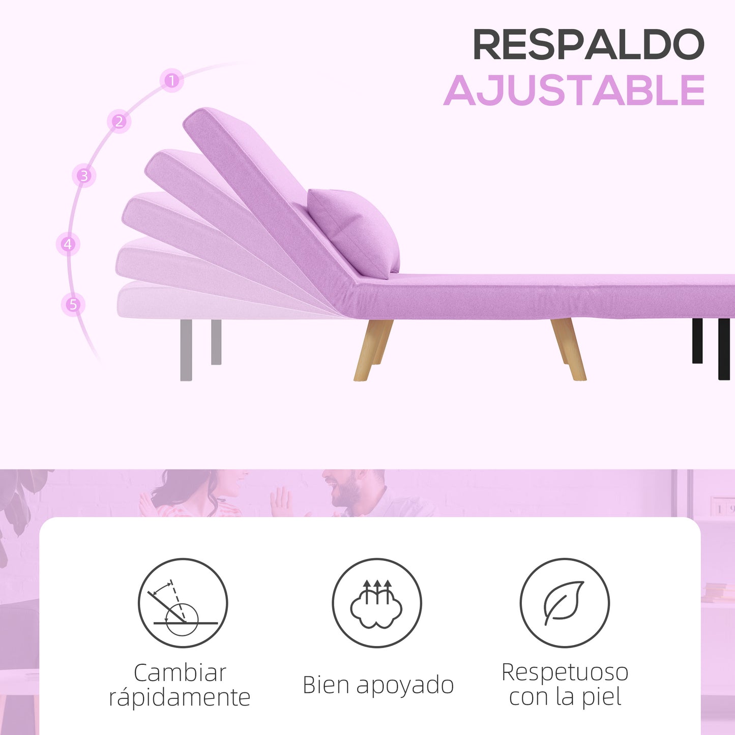 HOMCOM Sofá Cama Individual Sofá Cama Plegable Tapizado en Lino con Respaldo Ajustable en 5 Posiciones y Almohada Sofá Cama Pequeño para Salón 72x75x85 cm Rosa