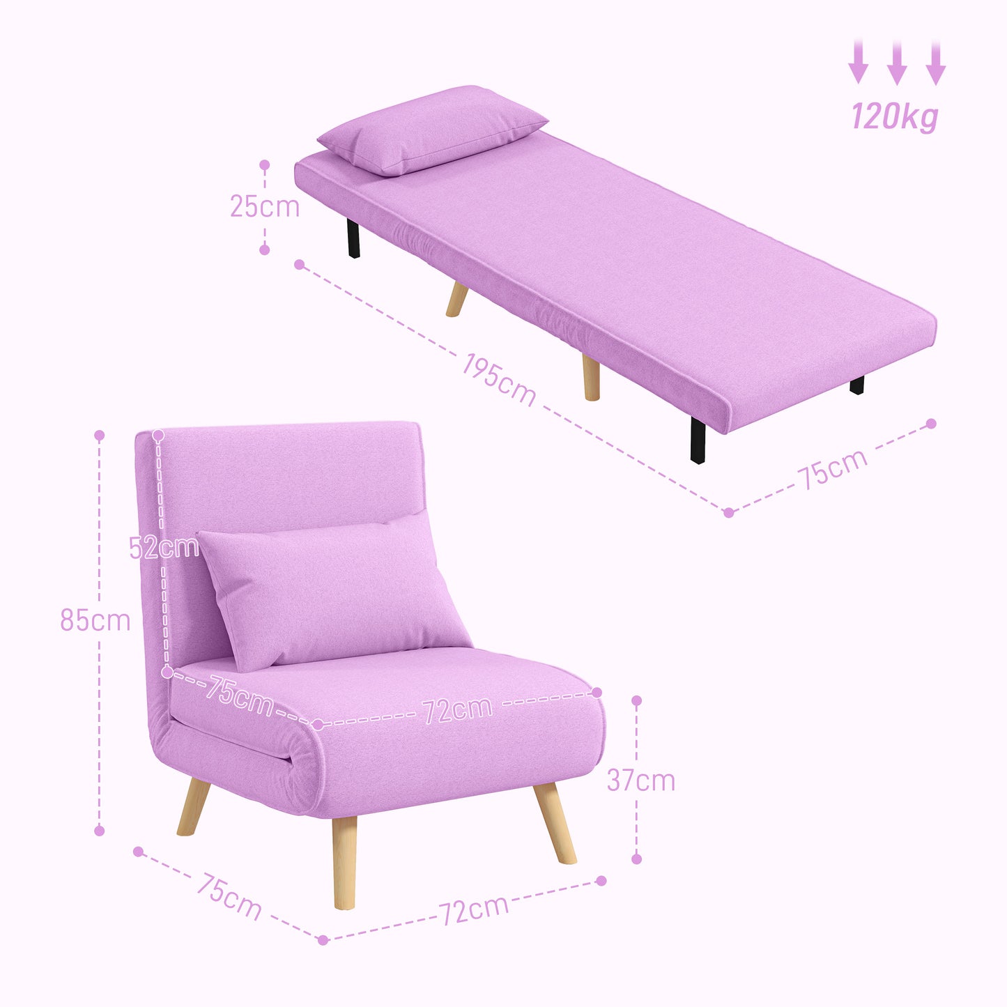 HOMCOM Sofá Cama Individual Sofá Cama Plegable Tapizado en Lino con Respaldo Ajustable en 5 Posiciones y Almohada Sofá Cama Pequeño para Salón 72x75x85 cm Rosa