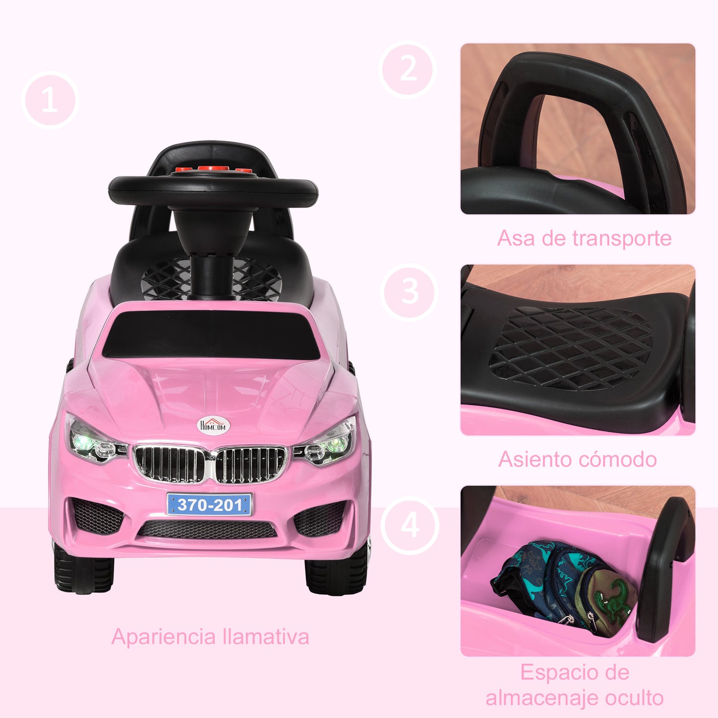 HOMCOM Coche Correpasillos para Niños de 18-36 Meses con Faros Música Bocina Volante Espacio de Almacenaje y Asa para Empujar 63,5x28x36 cm Rosa