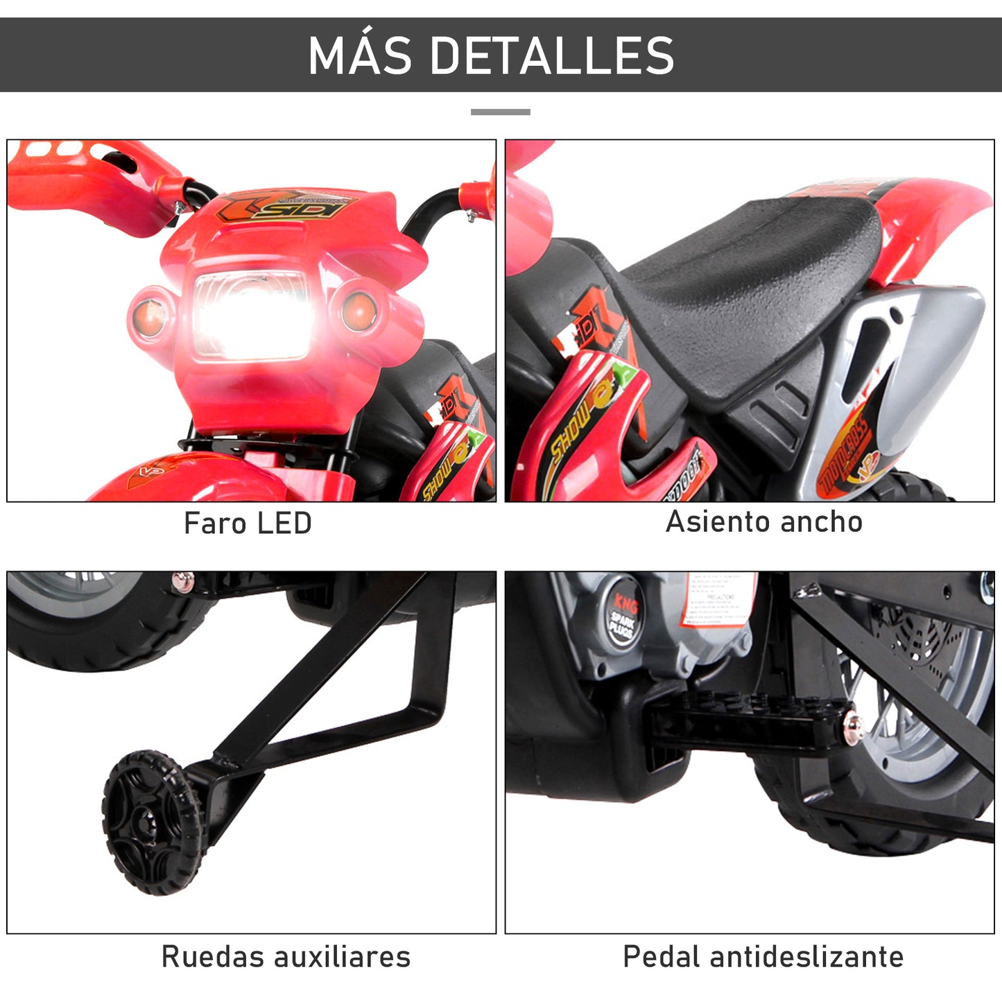 HOMCOM Moto Electrica Infantil Bateria 6V Recargable Niños 3+ Años Cargador y Ruedas Apoyo Color Rojo