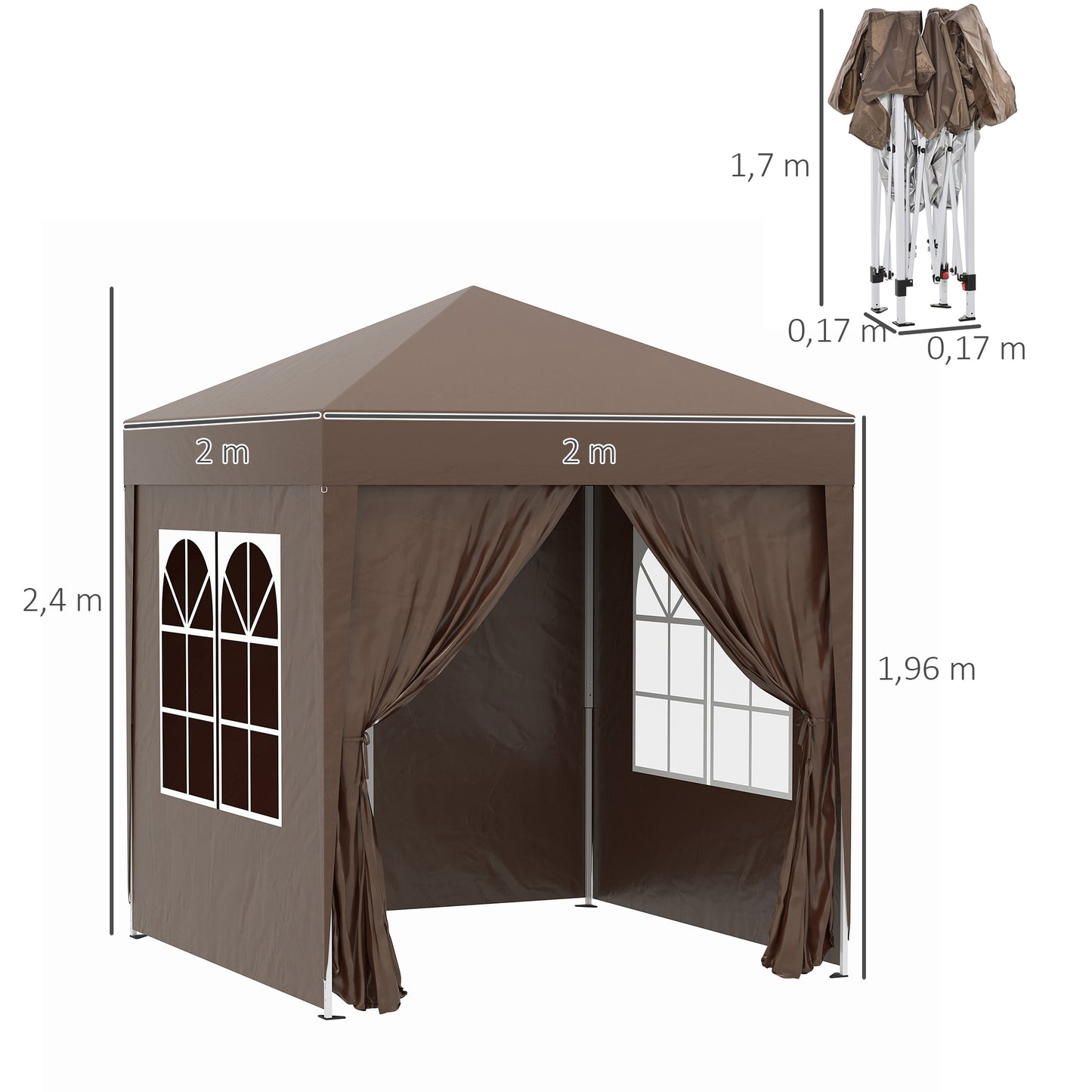 Outsunny Carpa Plegable Gazebo 2x2 m Cenador de Jardín con 4 Paredes Laterales Tela Oxford 2 Puertas 2 Ventanas y Bolsa de Transporte Impermeable para Exterior Terraza Camping Fiestas Marrón