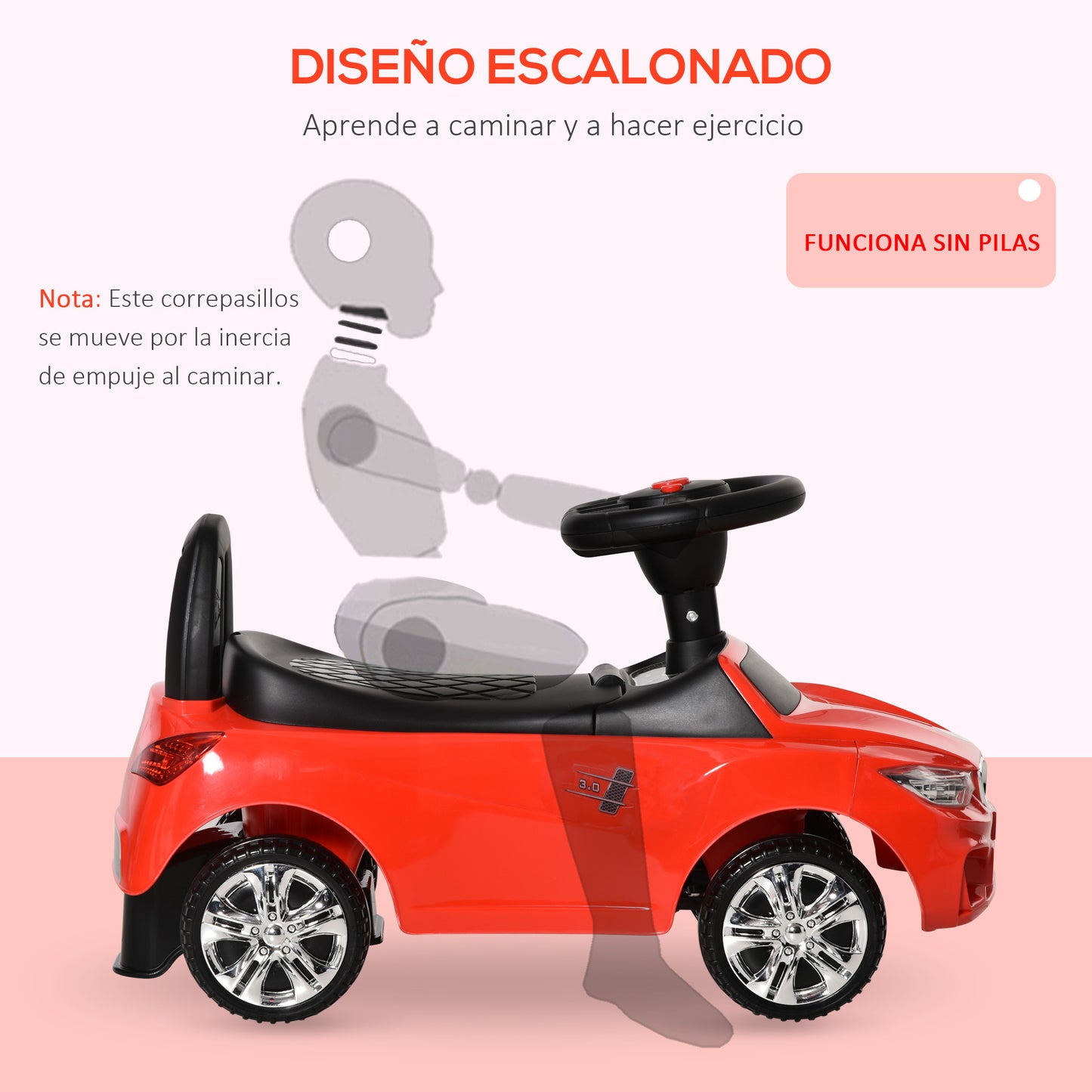 HOMCOM Coche Correpasillos para Niños de 18-36 Meses con Faros Música Bocina Volante Espacio de Almacenaje y Asa para Empujar 63,5x28x36 cm Rojo